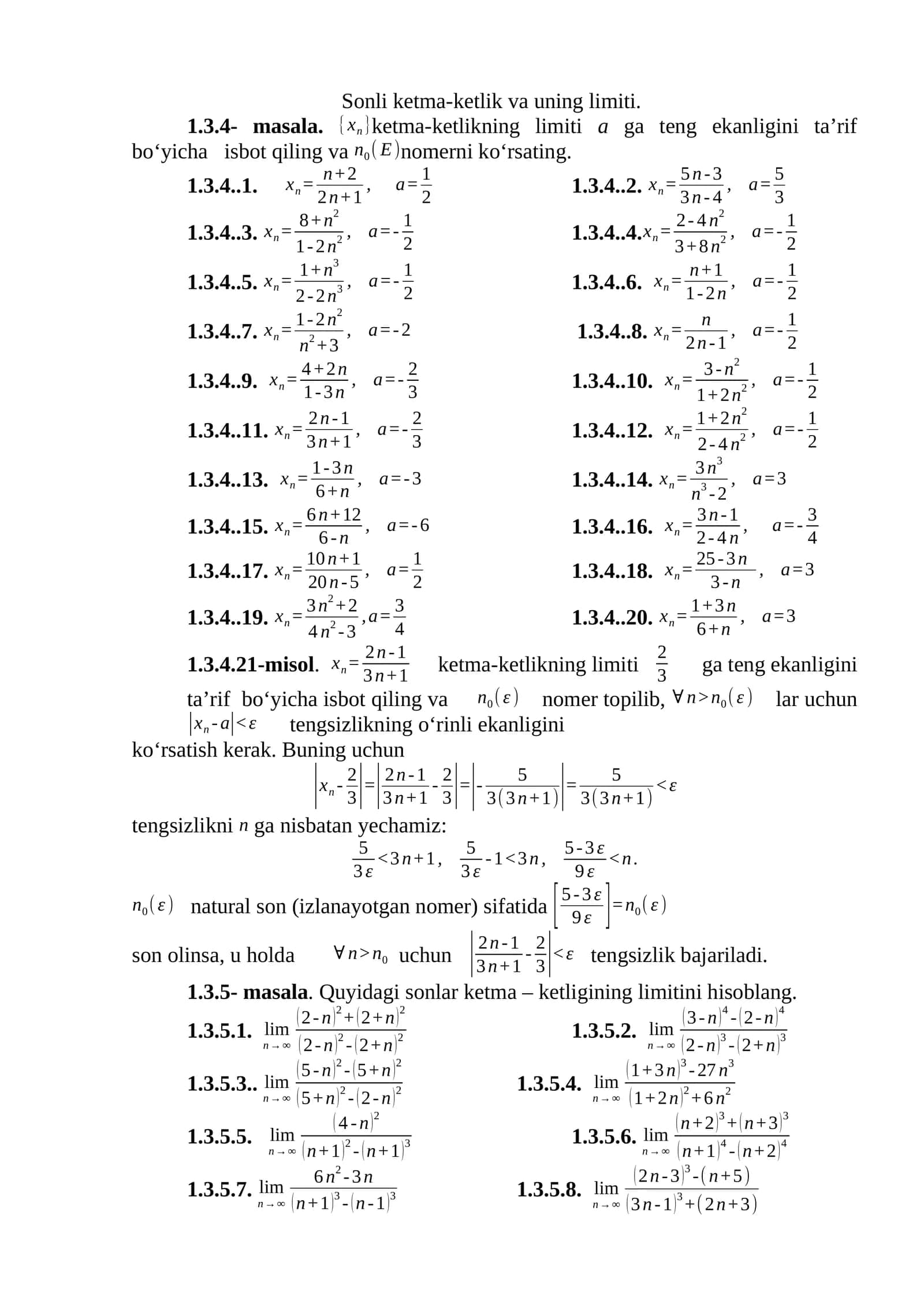 Masala 1.3.4- Ketma-ketlikning limiti 1