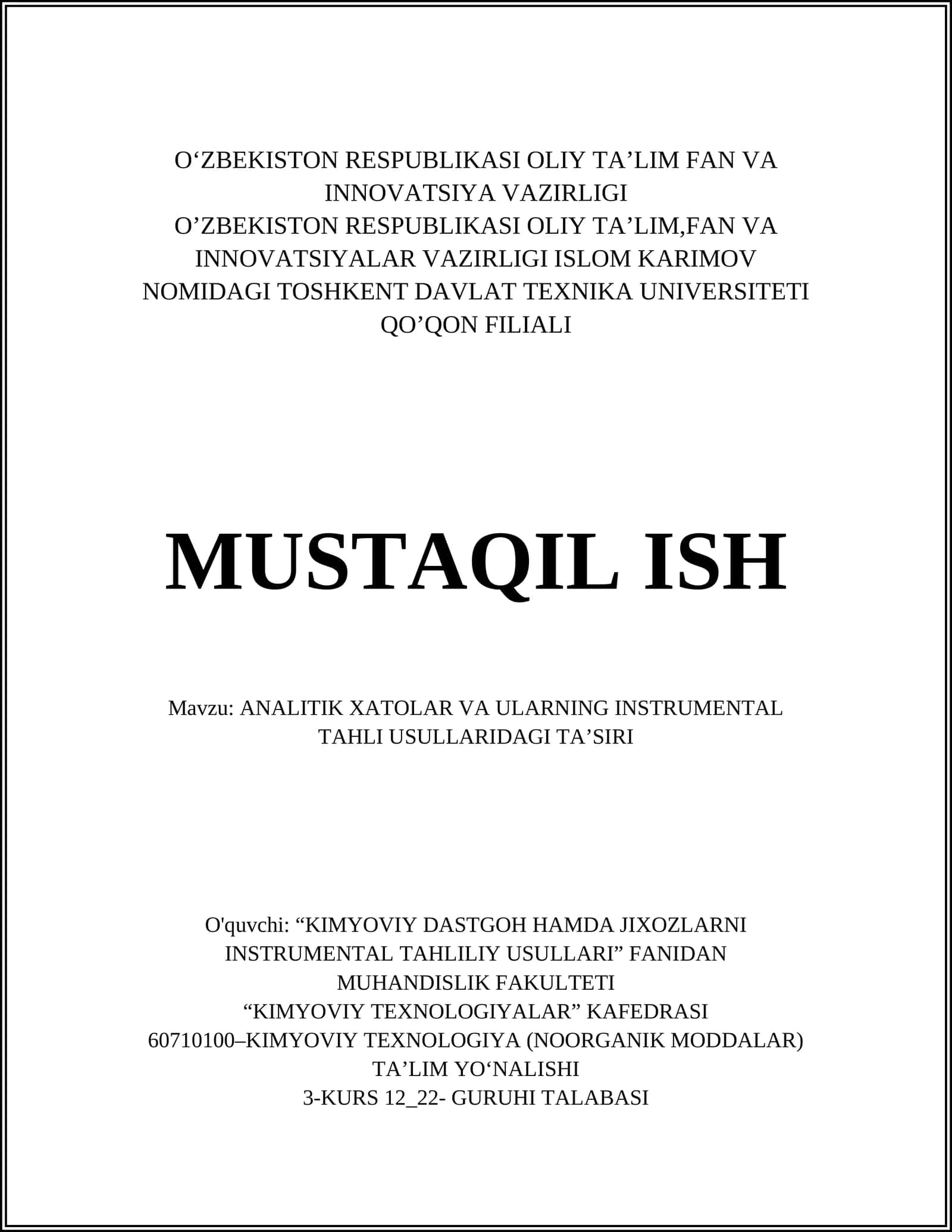 ANALITIK XATOLAR VA ULARNING INSTRUMENTAL TAHLI USULLARIDAGI TA’SIRI 1