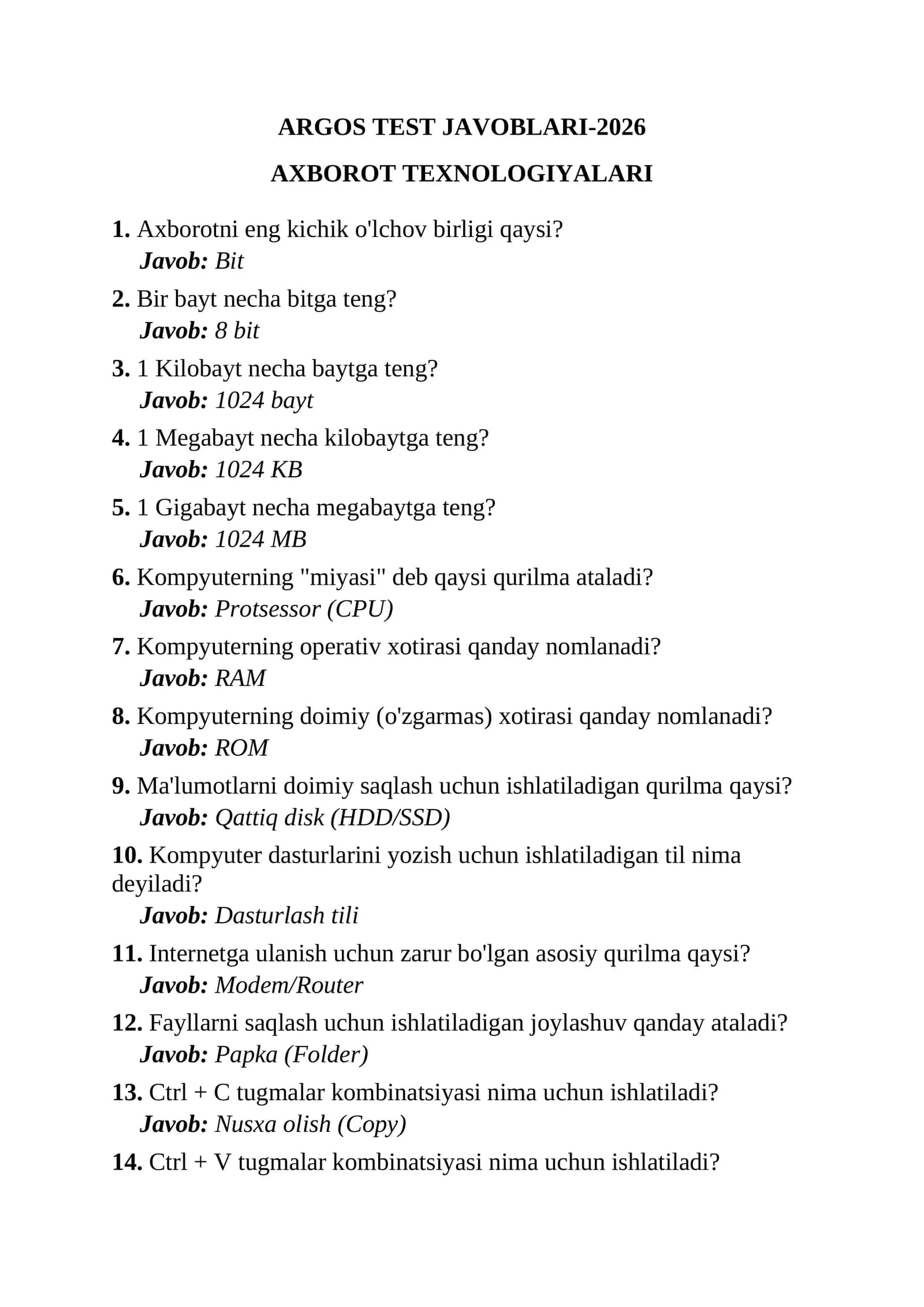 AGROS test javoblari 2026 yil yangi 1