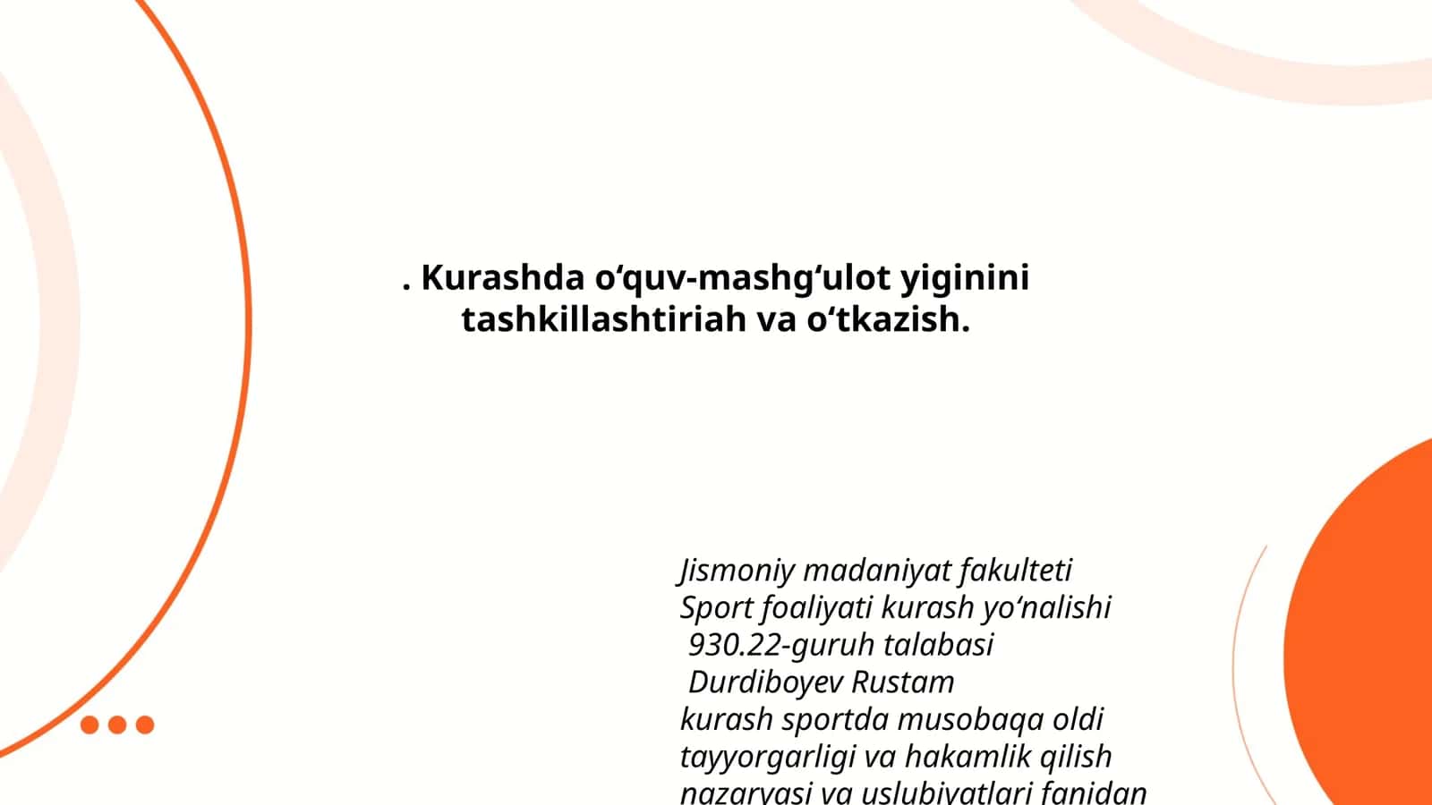 Kurash sportda musobaqa oldi tayyorgarligi va hakamlik qilish nazaryasi va uslubiyatlari 1