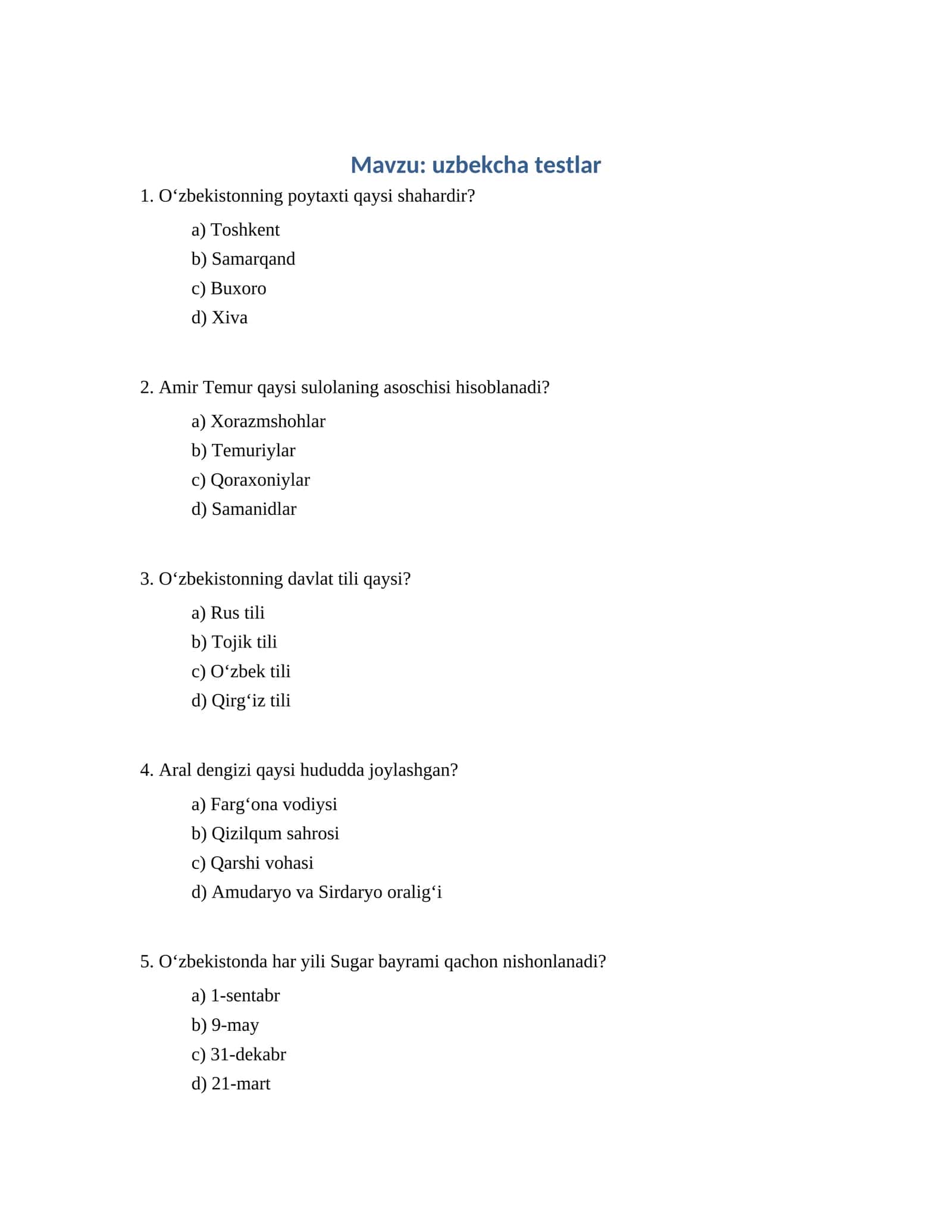uzbekcha testlar 1