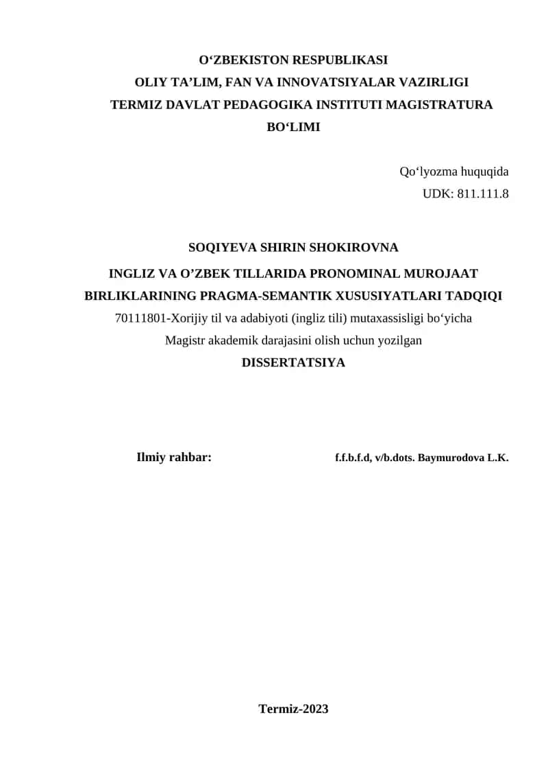 INGLIZ VA O’ZBEK TILLARIDA PRONOMINAL MUROJAAT BIRLIKLARINING PRAGMA-SEMANTIK XUSUSIYATLARI TADQIQI 1
