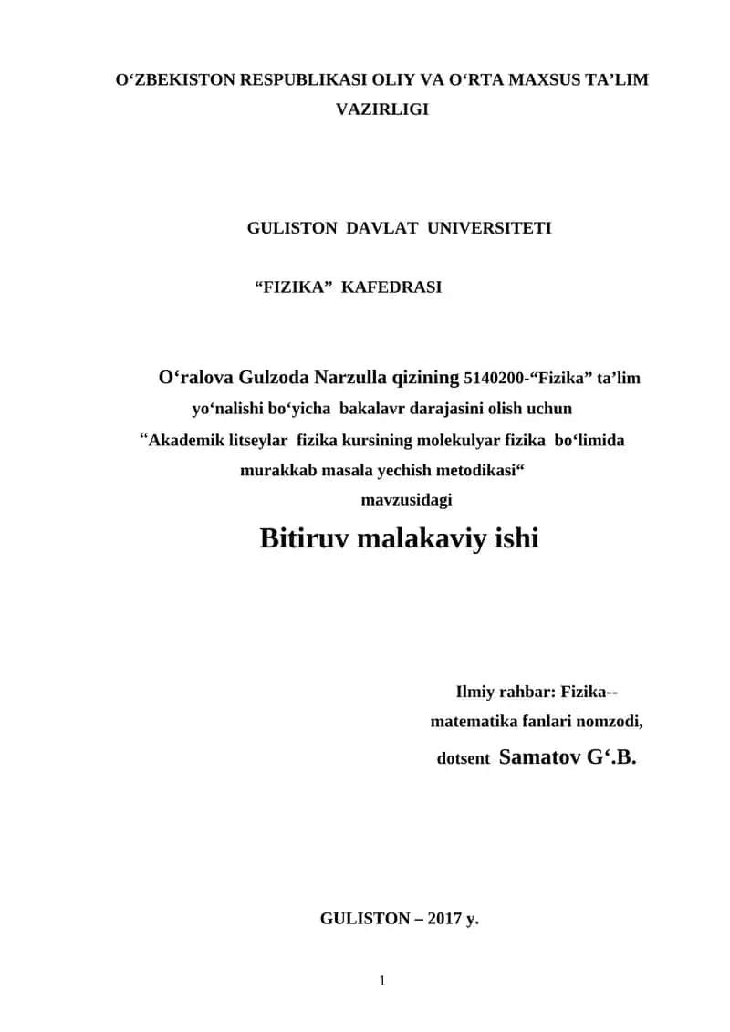 Akademik litseylar fizika kursining molekulyar fizika bo‘limida murakkab masala yechish metodikasi 1