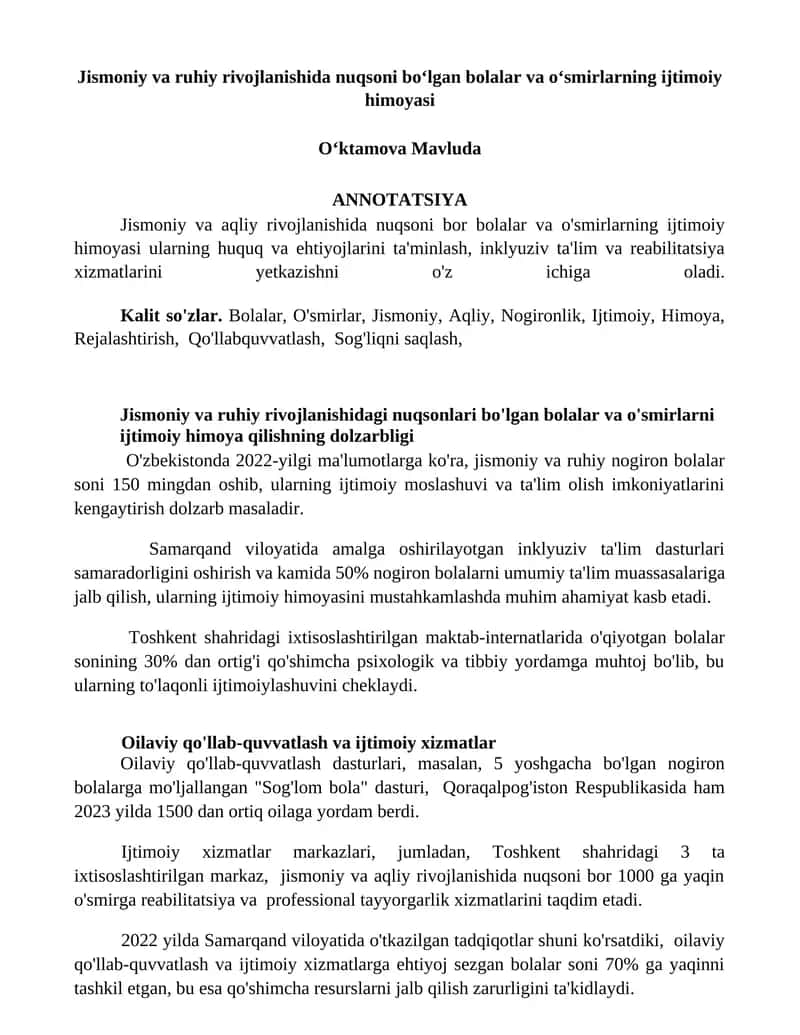 Jismoniy va ruhiy rivojlanishida nuqsoni boʻlgan bolalar va oʻsmirlarning ijtimoiy himoyasi 1