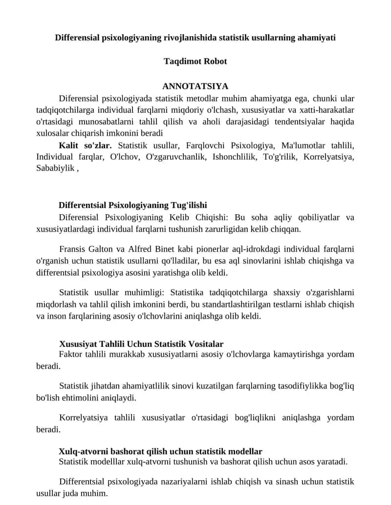 Differensial psixologiyaning rivojlanishida statistik usullarning ahamiyati 1