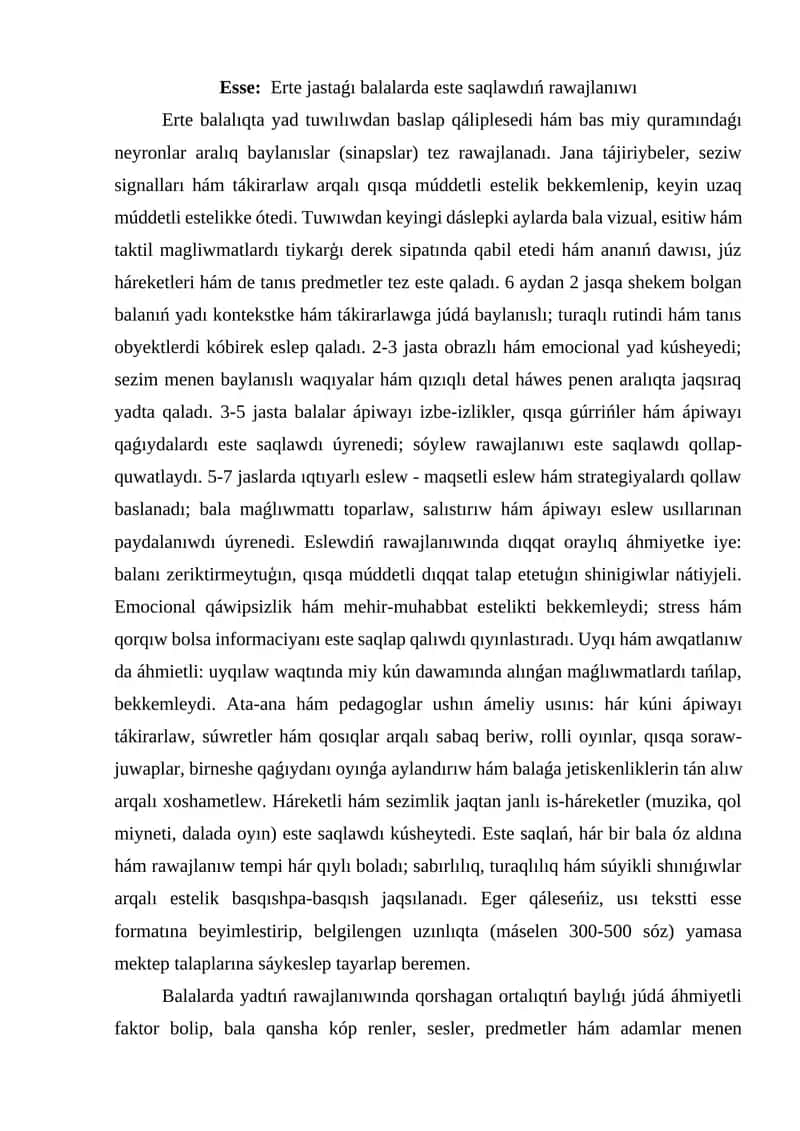 Erte jastaǵı balalar menen isleytuǵın Mektepke shekemgi tálim shólkemi tarbiyashisina qoy;lǵan ilimiy tájiriybe talaplar 1