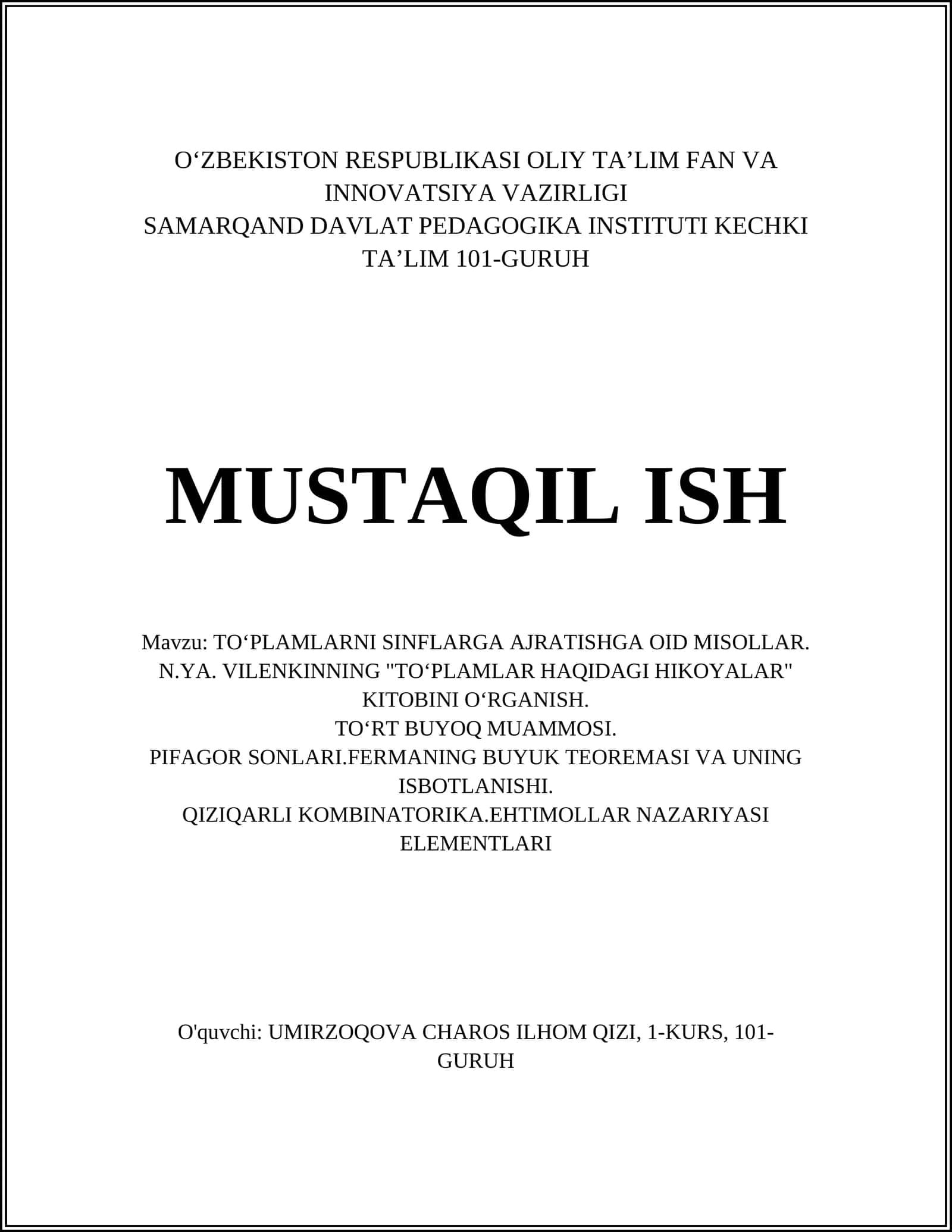 TOʻPLAMLARNI SINFLARGA AJRATISHGA OID MISOLLAR 1