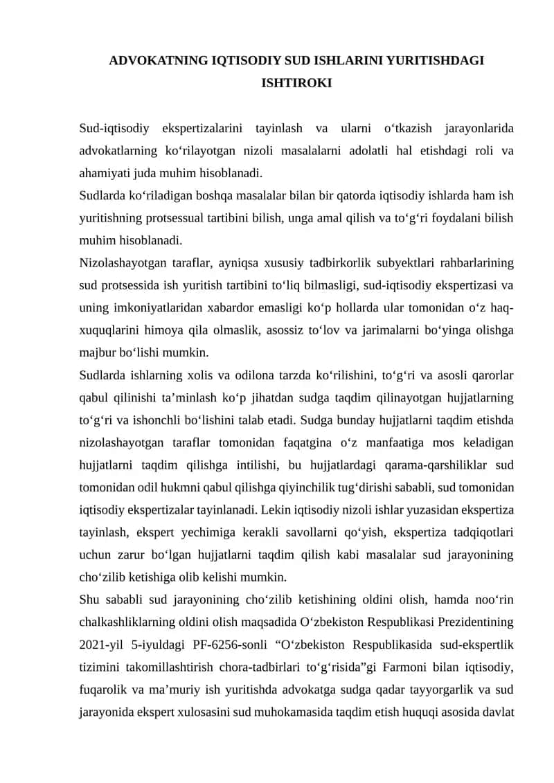 ADVOKATNING IQTISODIY SUD ISHLARINI YURITISHDAGI ISHTIROKI 1