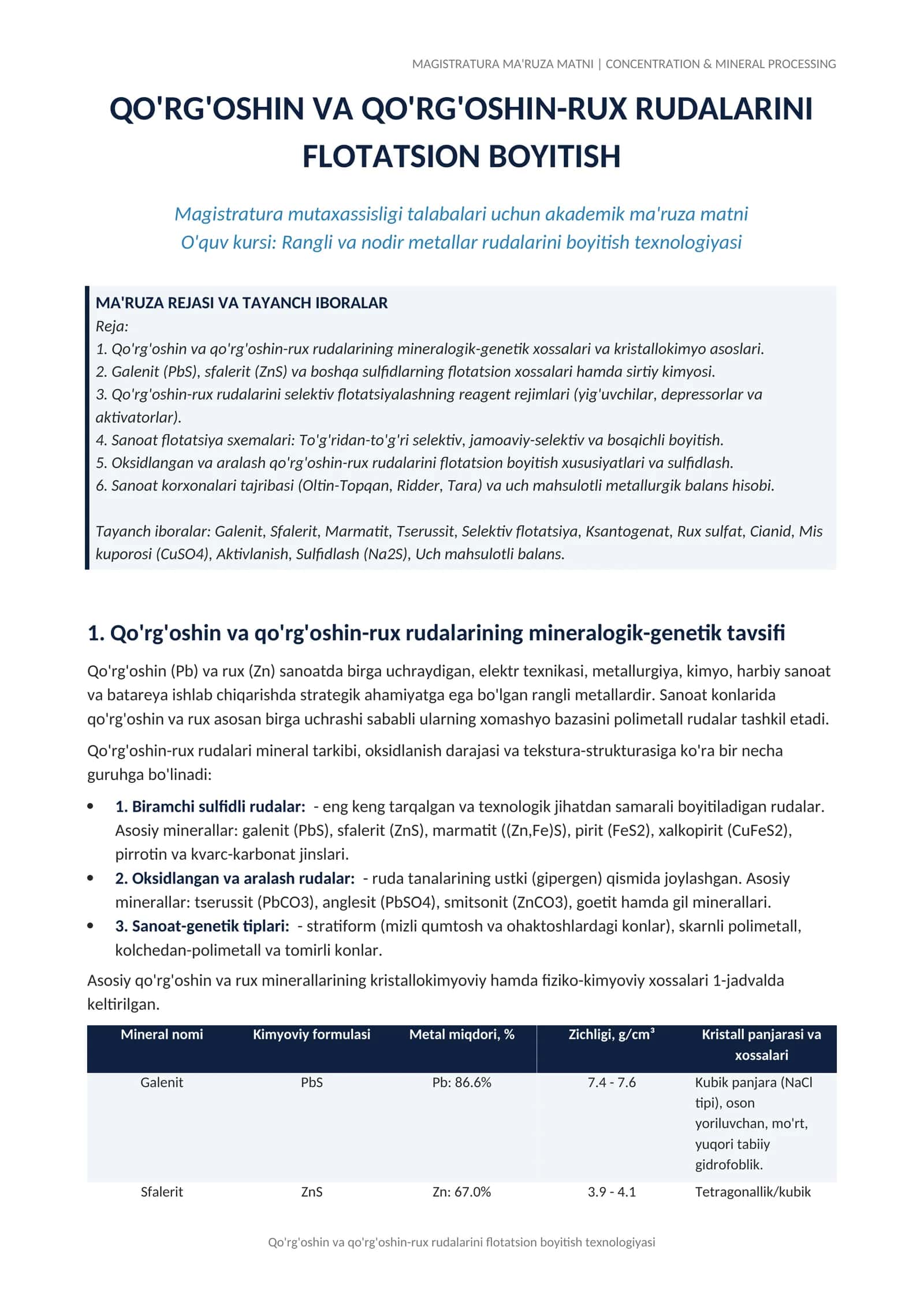 MAGISTRATURA MA'RUZA MATNI | CONCENTRATION & MINERAL PROCESSING 1