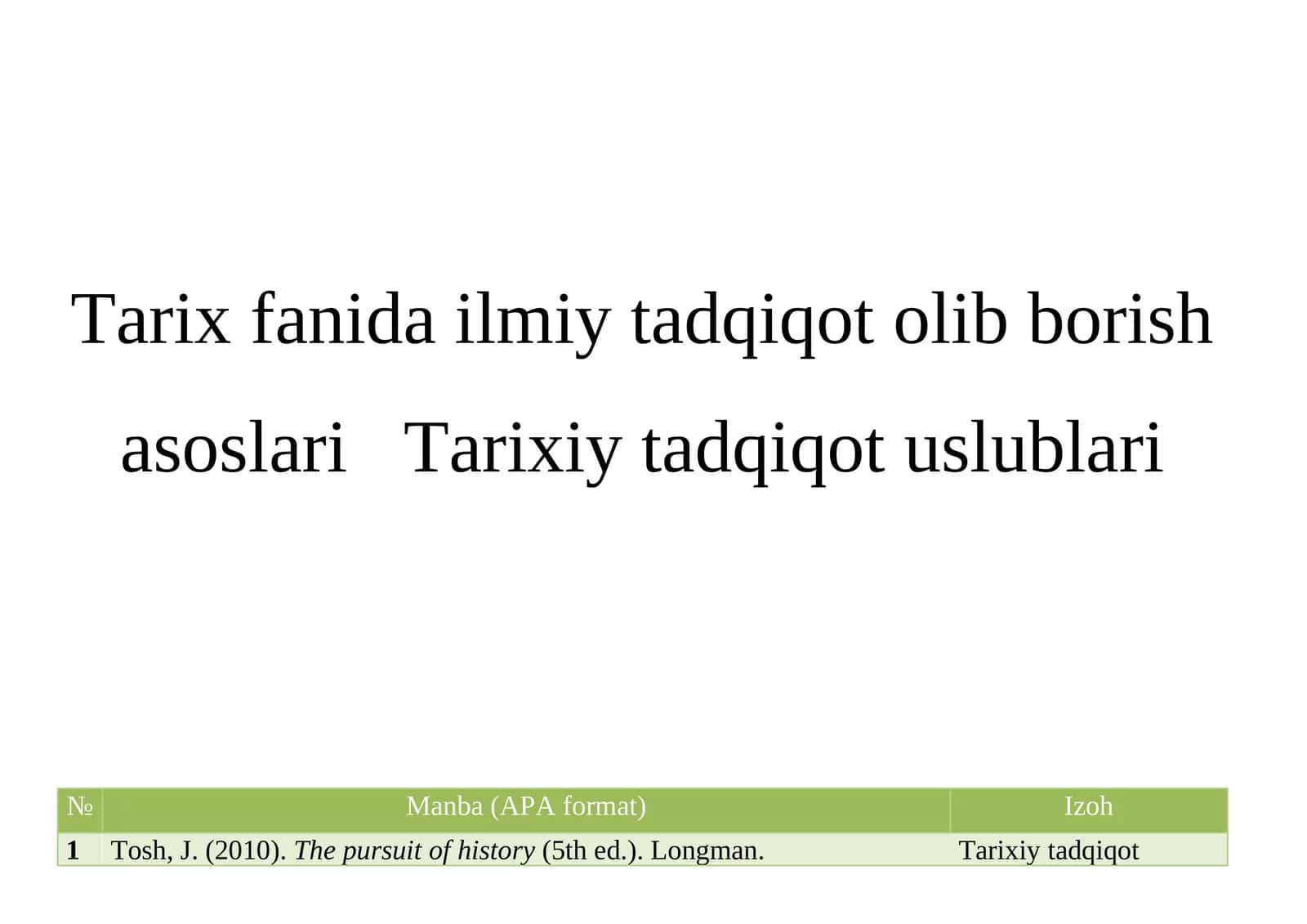 Tarix fanida ilmiy tadqiqot olib borish asoslari Tarixiy tadqiqot uslublari bibliografiya. 1