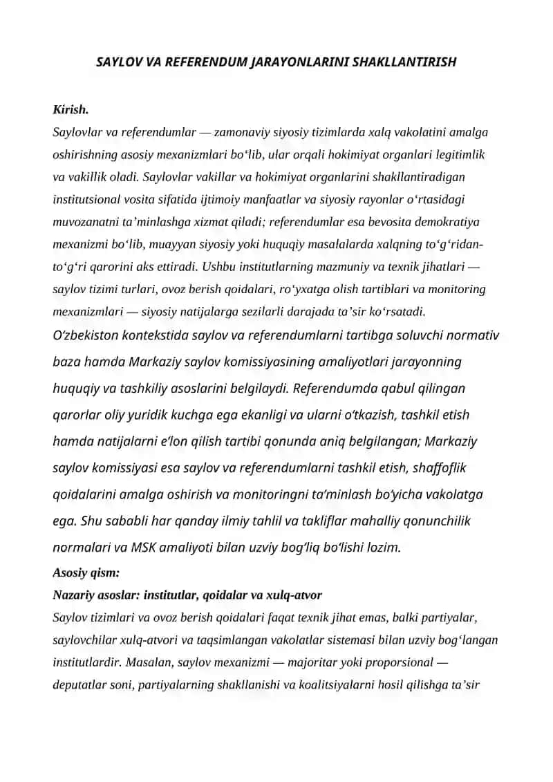 Saylov va Referendum Jarayonlarini Shakllantirish 1