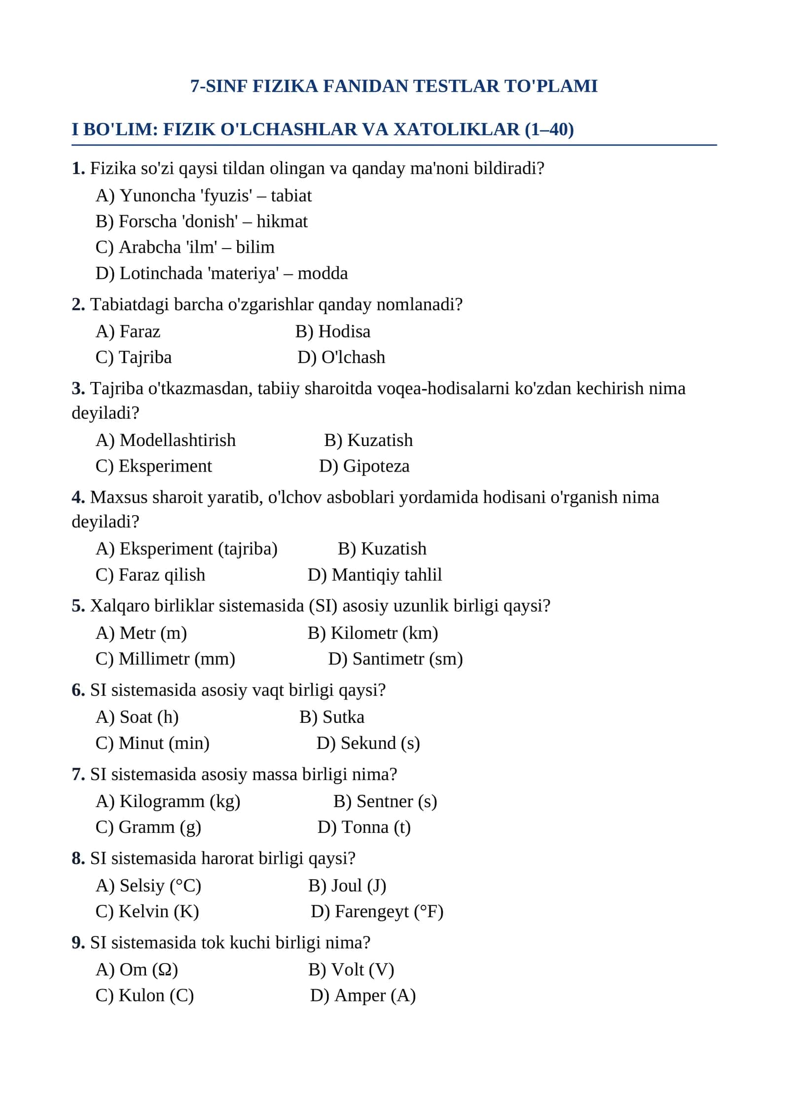 7-SINF FIZIKA FANIDAN TESTLAR TO'PLAMI 1