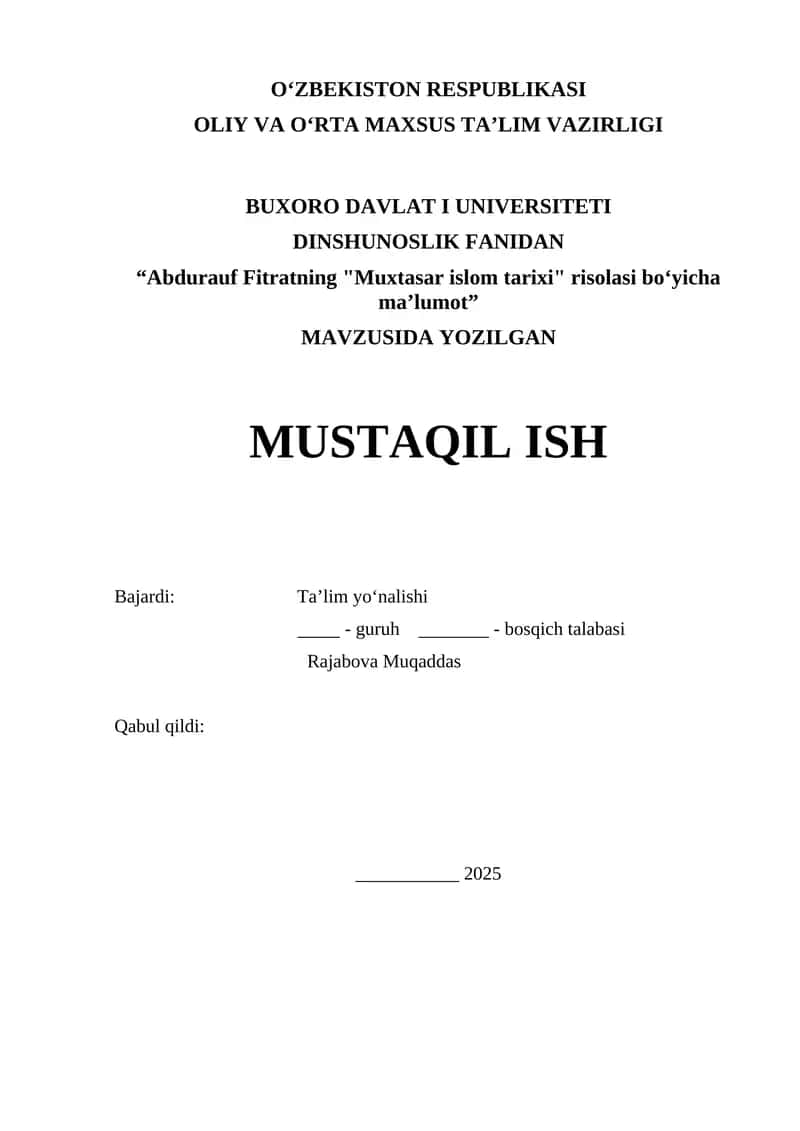 "Abdurauf Fitratning 'Muxtasar islom tarixi' risolasi boʻyicha maʼlumot" 1