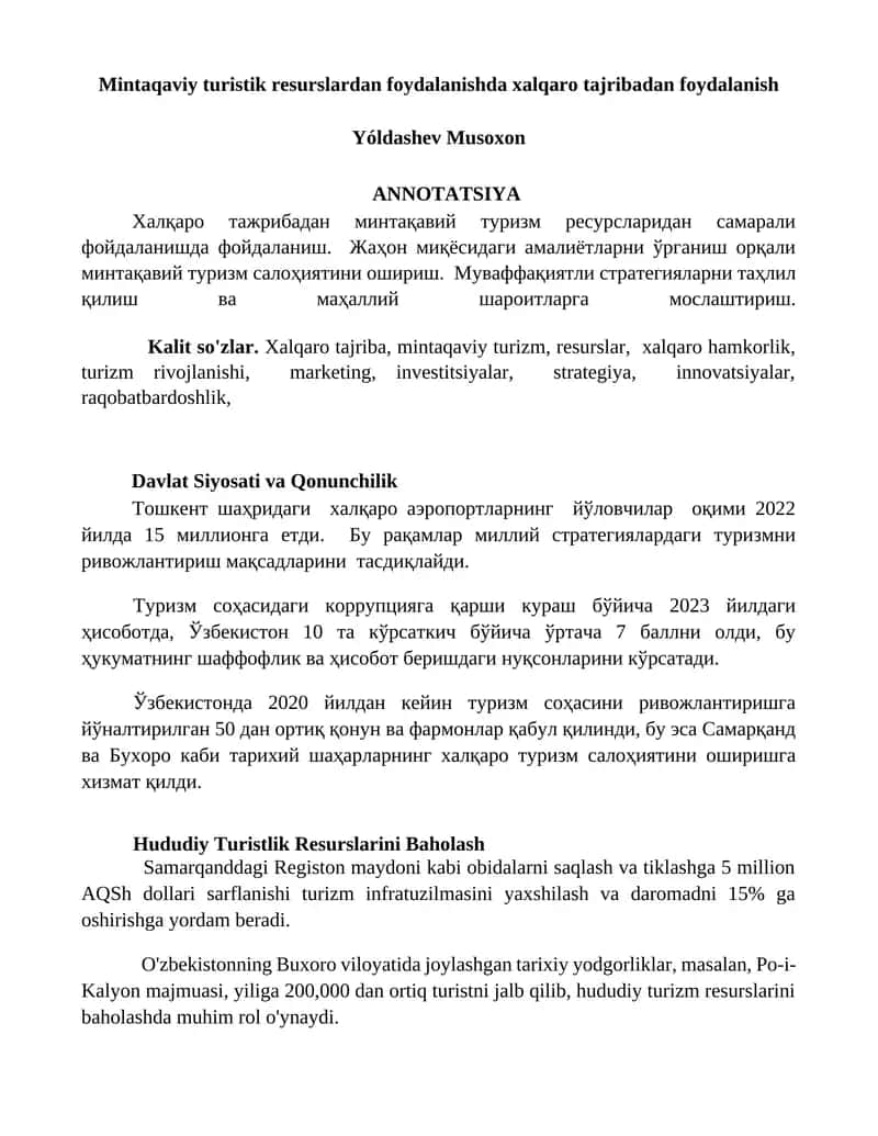 Mintaqaviy turistik resurslardan foydalanishda xalqaro tajribadan foydalanish 1