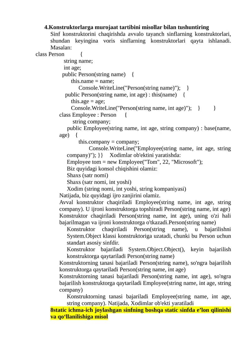 Konstruktorlarga murojaat tartibini misollar bilan tushuntiring 1