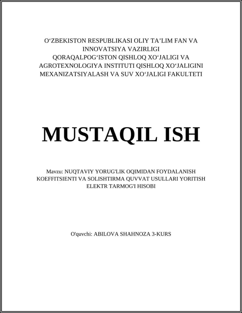 NUQTAVIY YORUG'LIK OQIMIDAN FOYDALANISH KOEFFITSIENTI VA SOLISHTIRMA QUVVAT USULLARI YORITISH ELEKTR TARMOG'I HISOBI 1