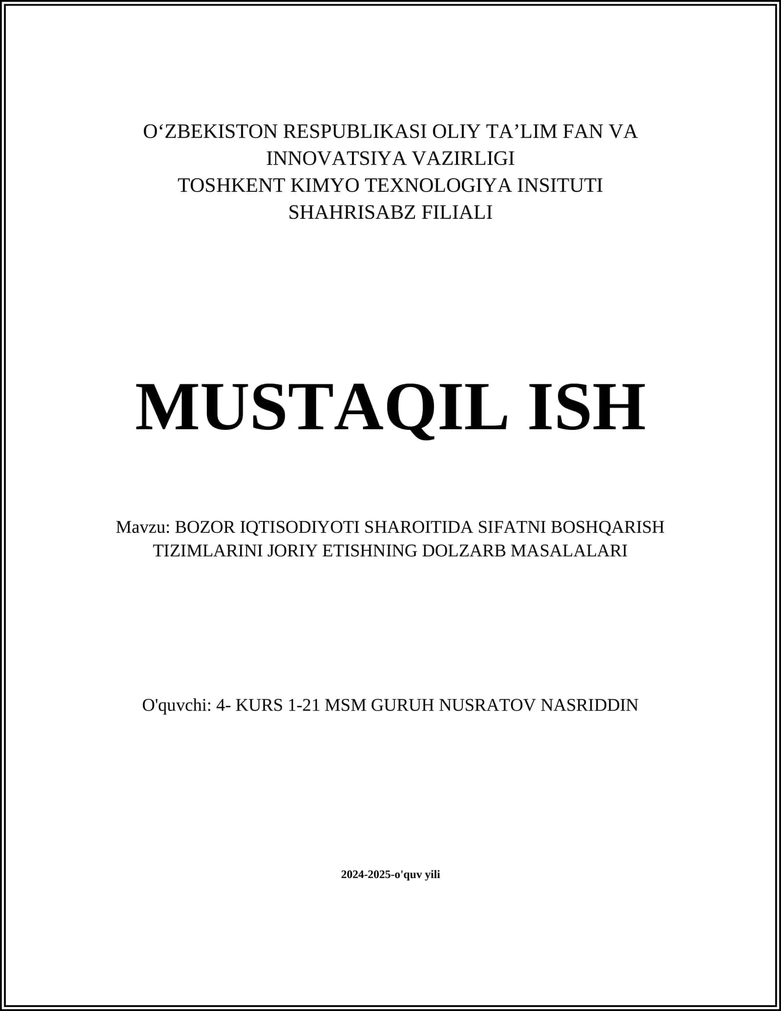 BOZOR IQTISODIYOTI SHAROITIDA SIFATNI BOSHQARISH TIZIMLARINI JORIY ETISHNING DOLZARB MASALALARI 1