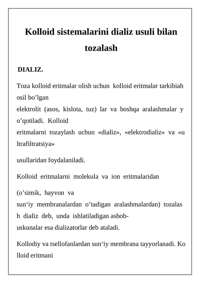 Kolloid sistemalarini dializ usuli bilan tozalash 1