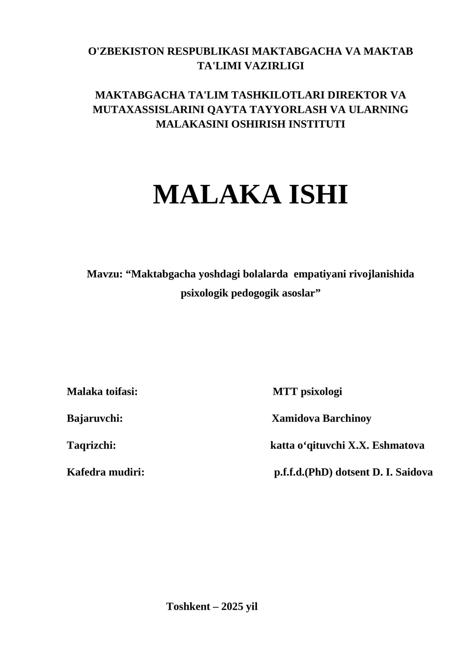 MAKTABGACHA TA'LIM TASHKILOTLARI DIREKTOR VA MUTAXASSISLARINI QAYTA TAYYORLASH VA ULARNING MALAKASINI OSHIRISH INSTITUTI 1