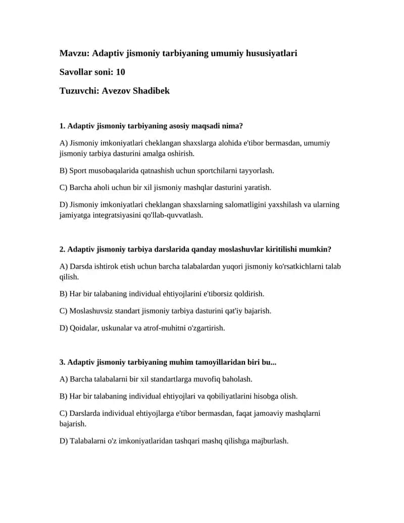 Adaptiv jismoniy tarbiyaning umumiy hususiyatlari 1