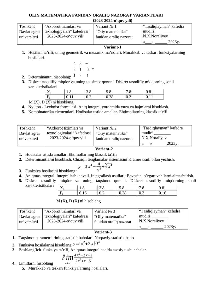 OLIY MATEMATIKA FANIDAN ORALIQ NAZORAT VARIANTLARI 1