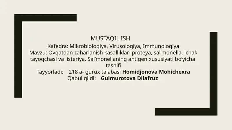 Ovqatdan zaharlanish kasalliklari proteya, sal’monella, ichak tayoqchasi va listeriya 1