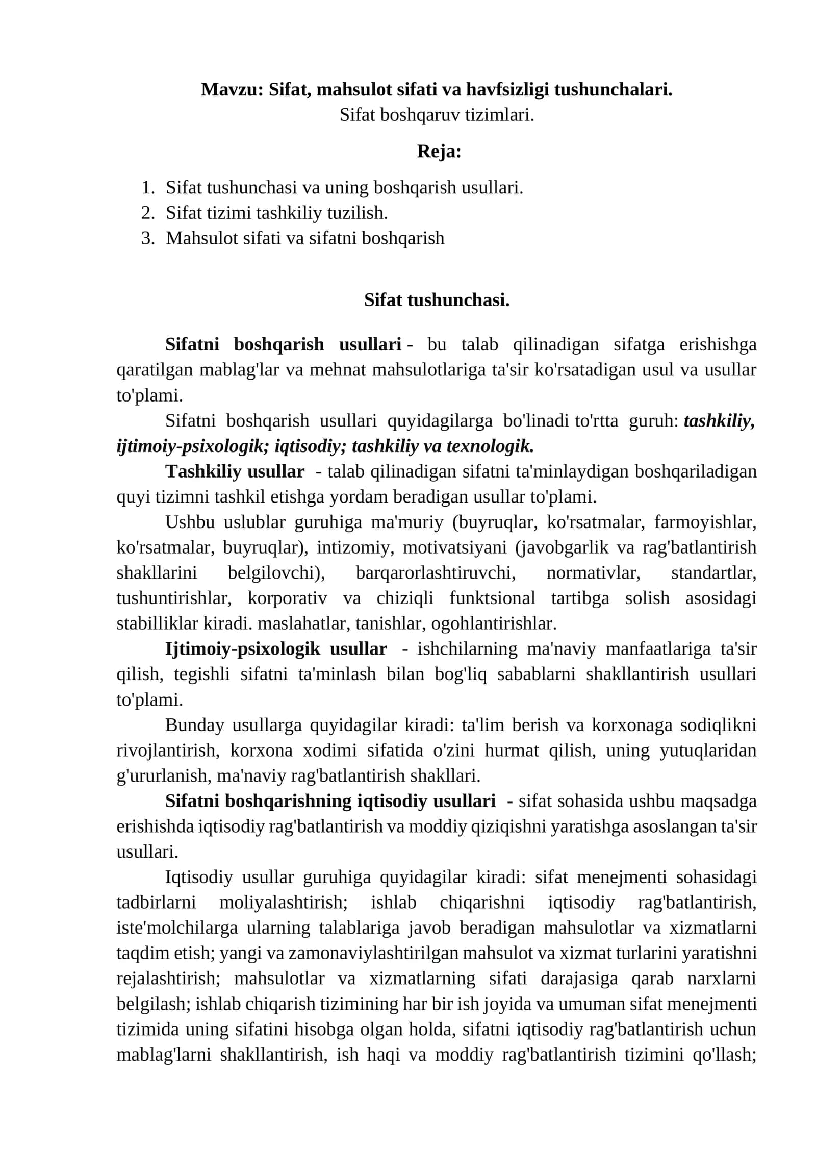 Sifat, mahsulot sifati va havfsizligi tushunchalari. Sifat boshqaruv tizimlari 1