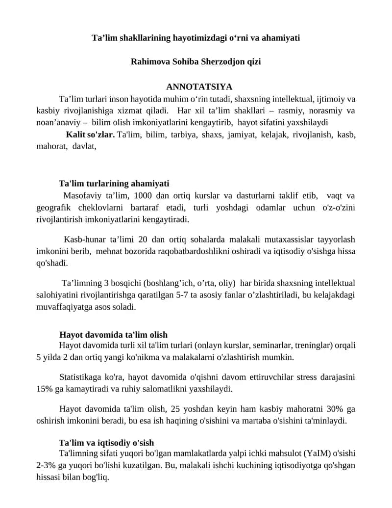Ta’lim shakllarining hayotimizdagi o‘rni va ahamiyati 1