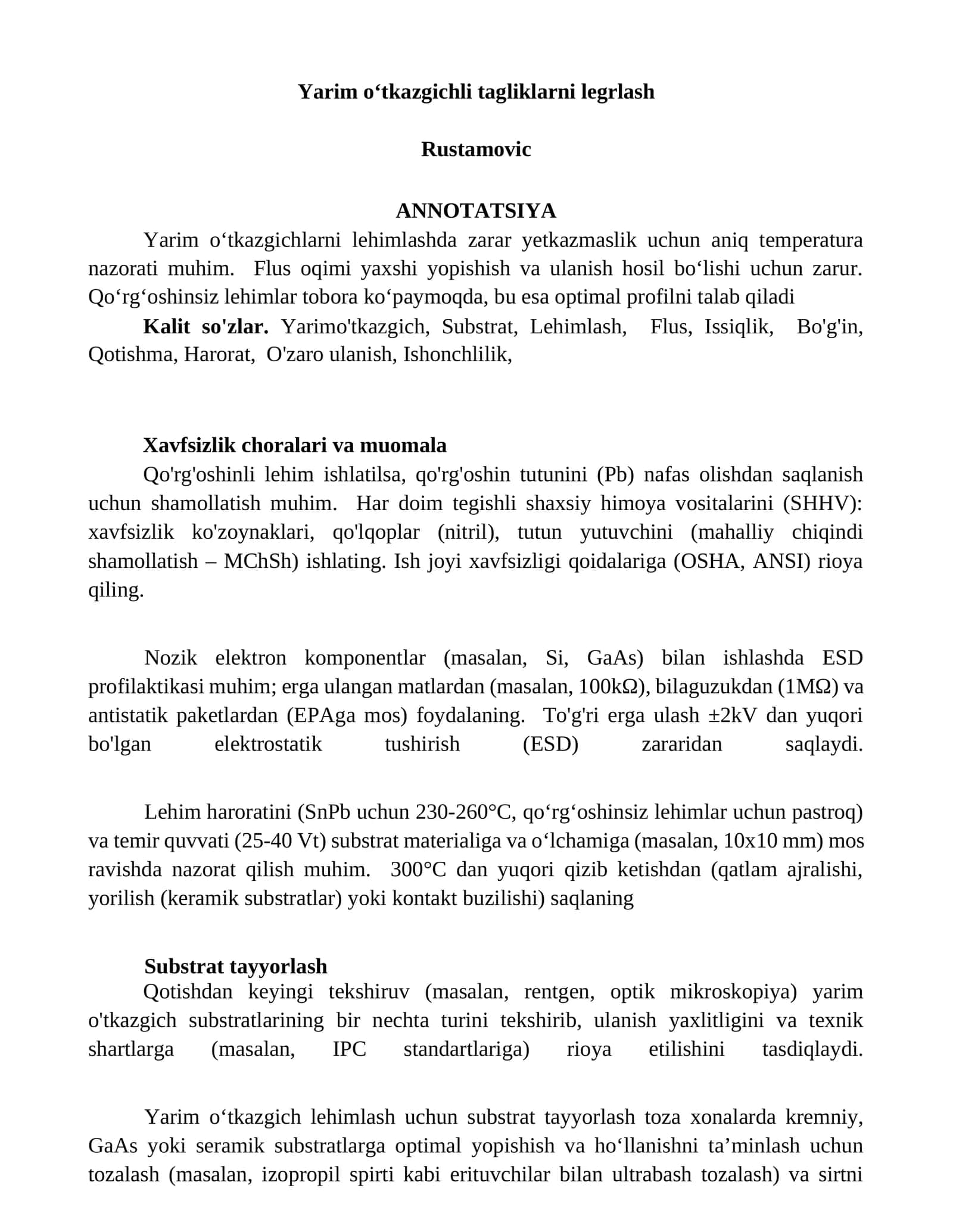 Yarim oʻtkazgichli tagliklarni legrlash Rustamovic 1