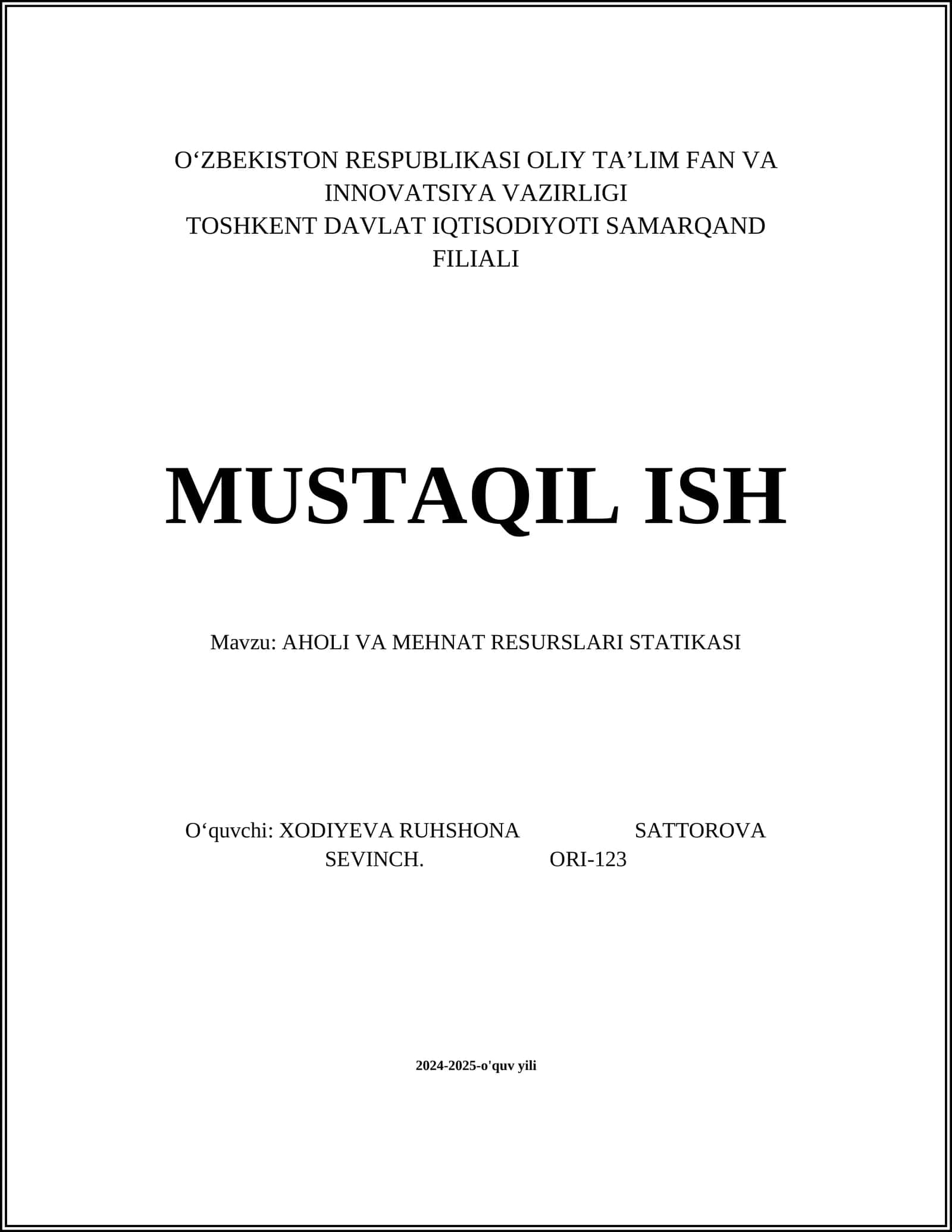 AHOLI VA MEHNAT RESURSLARI STATIKASI 1