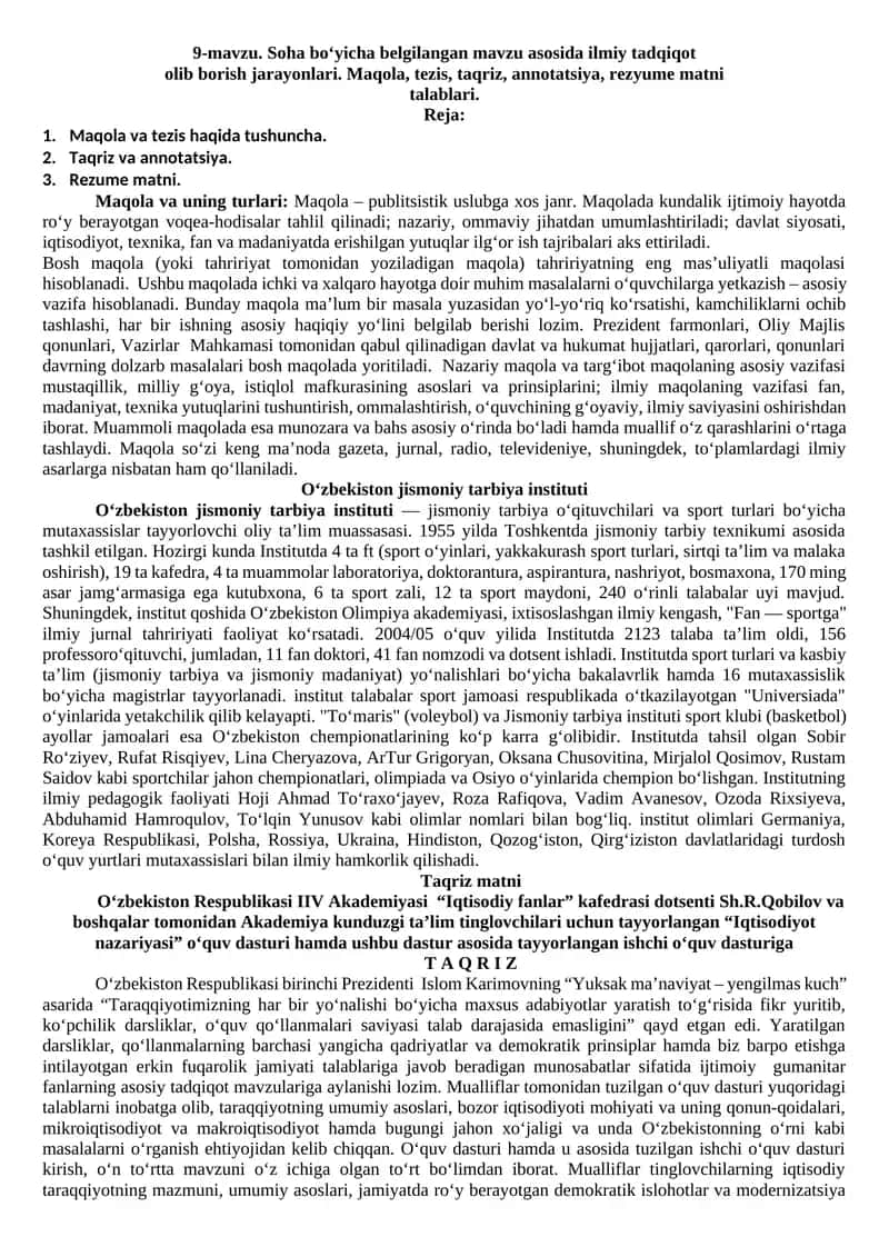 9-mavzu. Soha bo‘yicha belgilangan mavzu asosida ilmiy tadqiqot 1