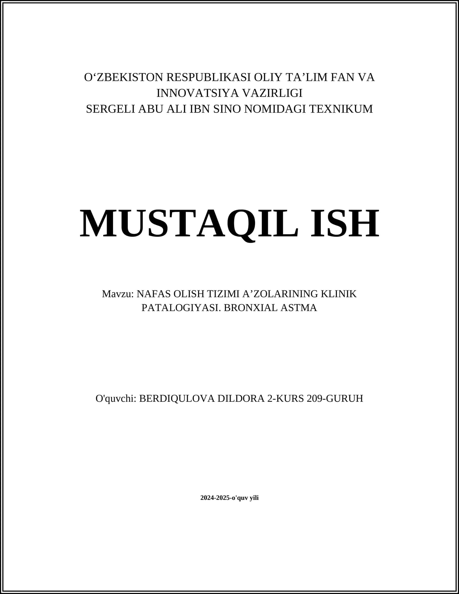 NAFAS OLISH TIZIMI AʼZOLARINING KLINIK PATALOGIYASI. BRONXIAL ASTMA 1