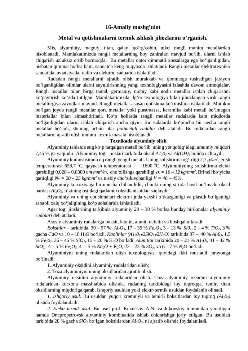 16-Amaliy mashg’ulot: Metal va qotishmalarni termik ishlash jihozlarini o’rganish 1