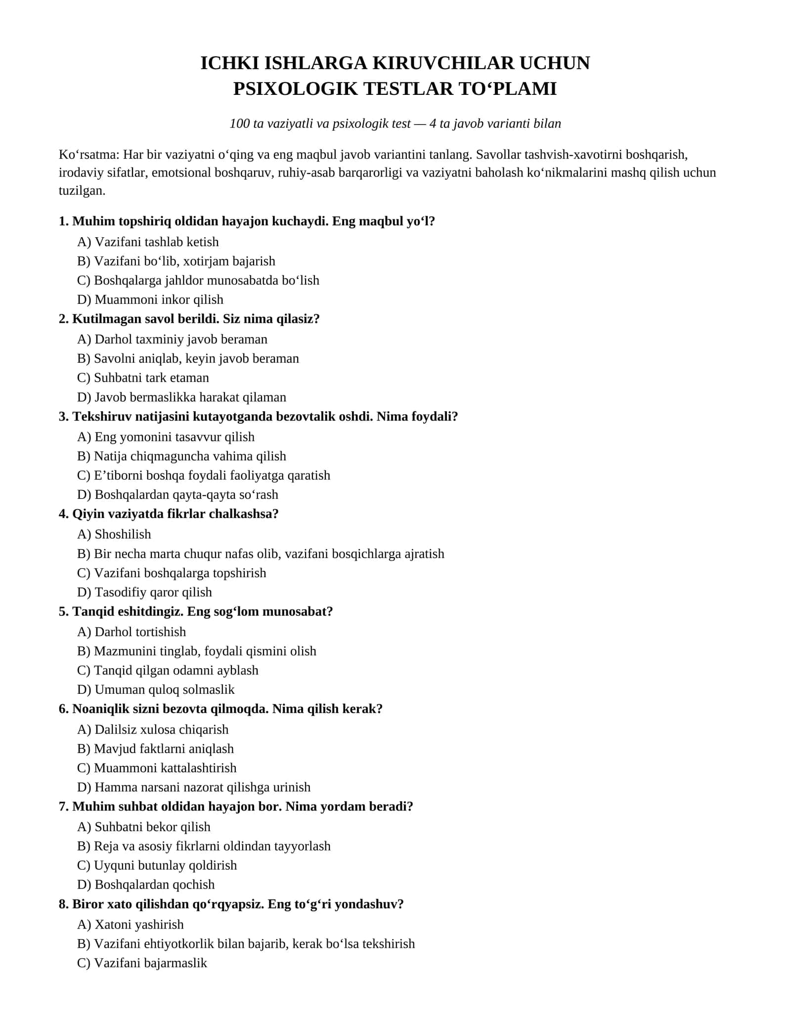 Ichki Ishlarga Kiruvchilar Uchun 100 ta Psixologik Test va Javoblar 1