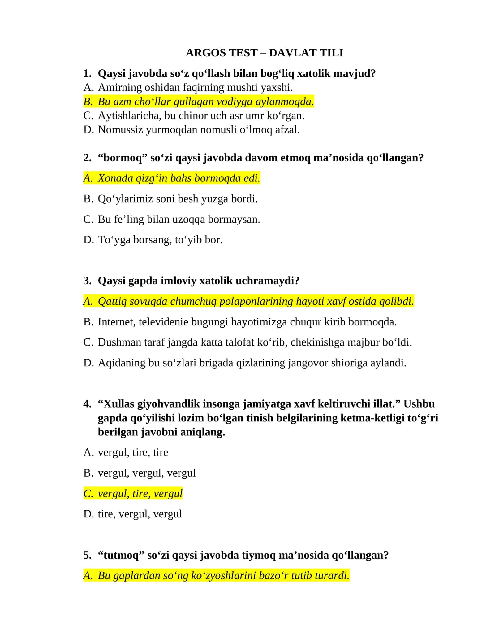 ARGOS TEST – DAVLAT TILI 1