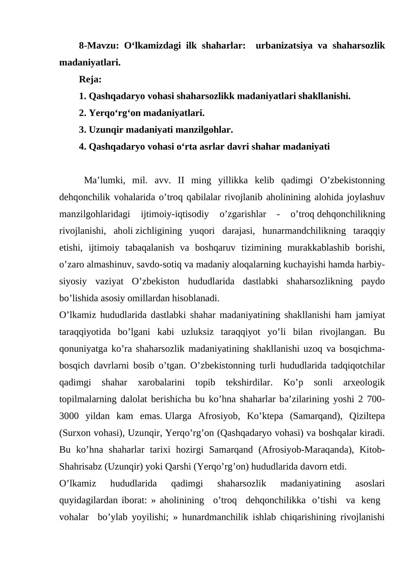 О‘lkamizdagi ilk shaharlar: urbanizatsiya va shaharsozlik madaniyatlari 1