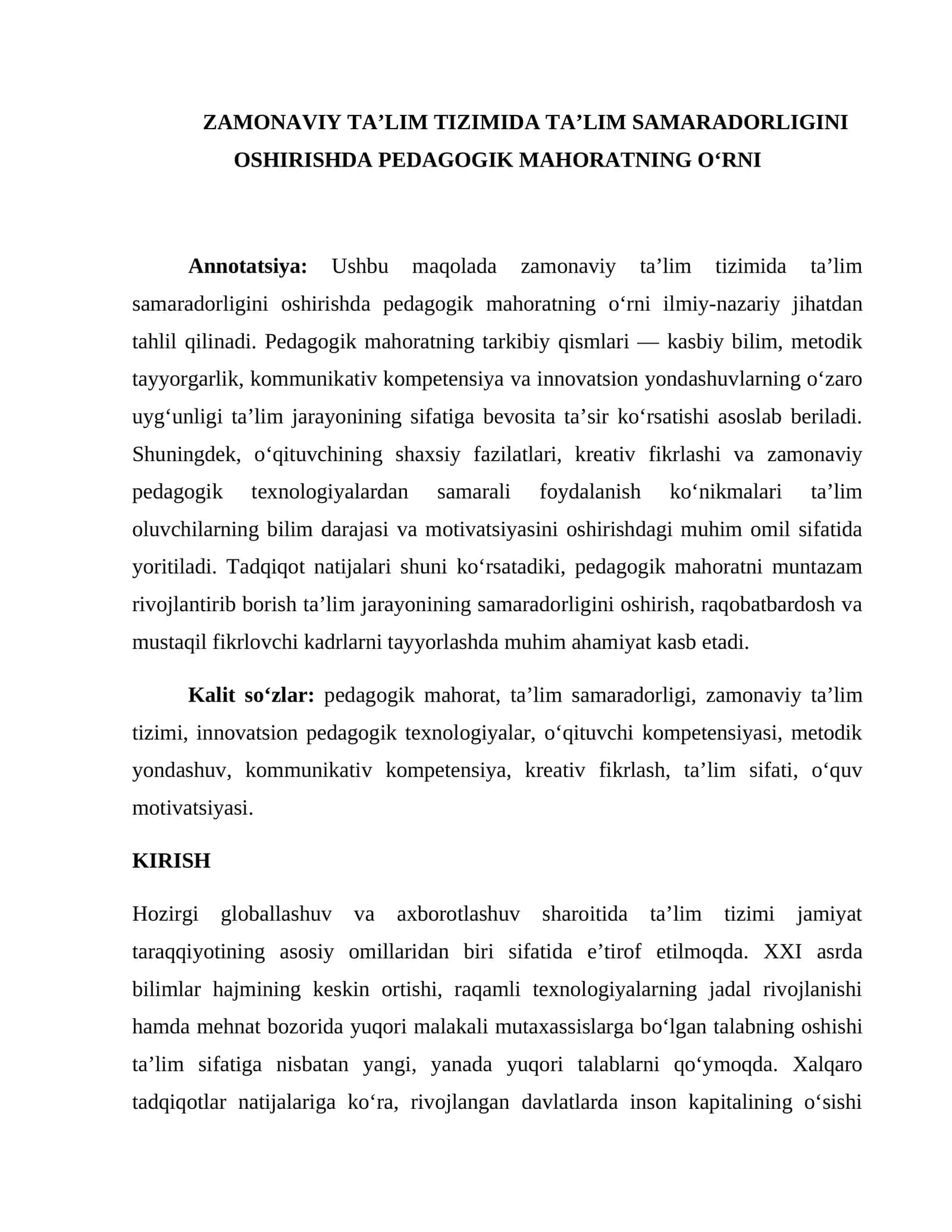 ZAMONAVIY TAʼLIM TIZIMIDA TAʼLIM SAMARADORLIGINI OSHIRISHDA PEDAGOGIK MAHORATNING OʻRNI 1