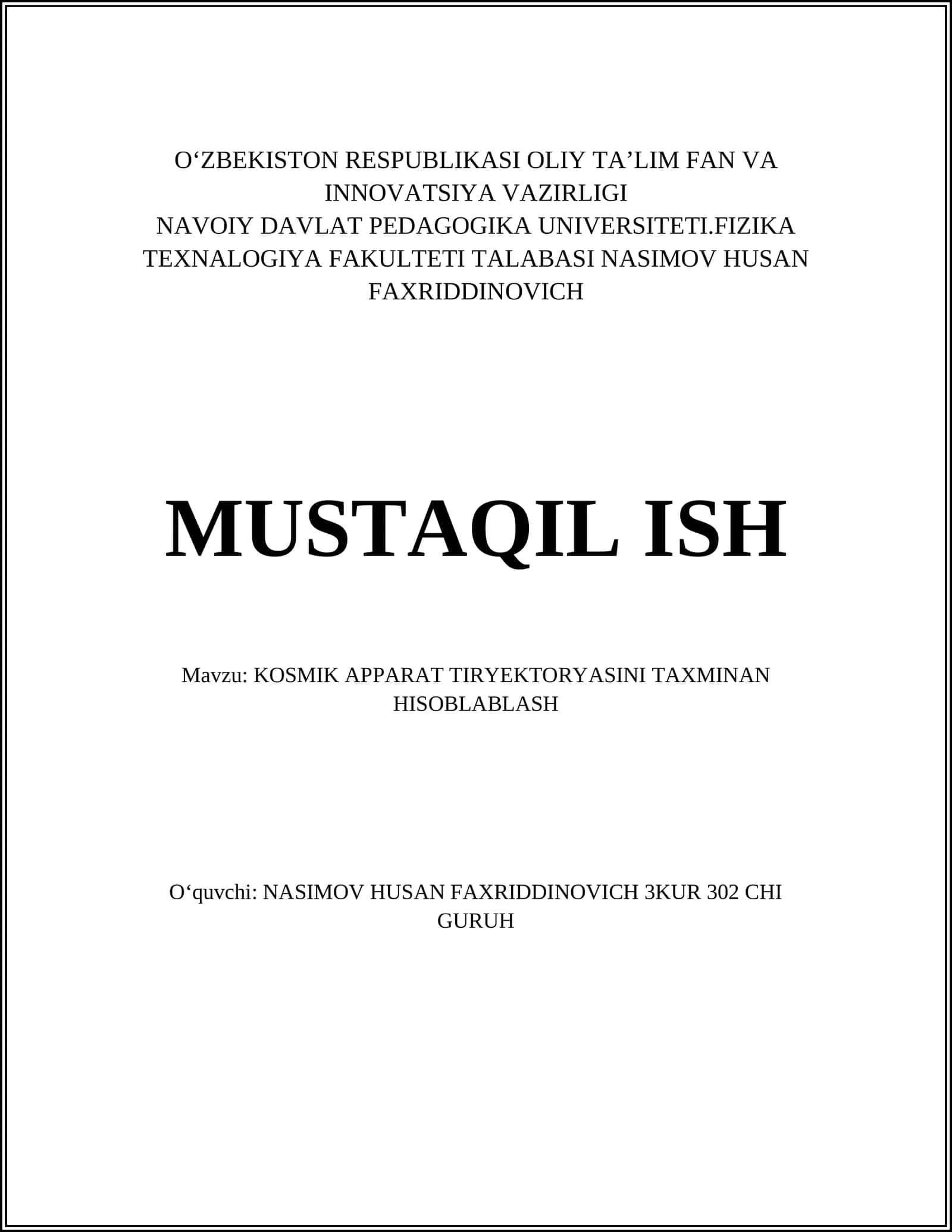 KOSMIK APPARAT TIRYEKTORYASINI TAXMINAN HISOBLABLASH 1