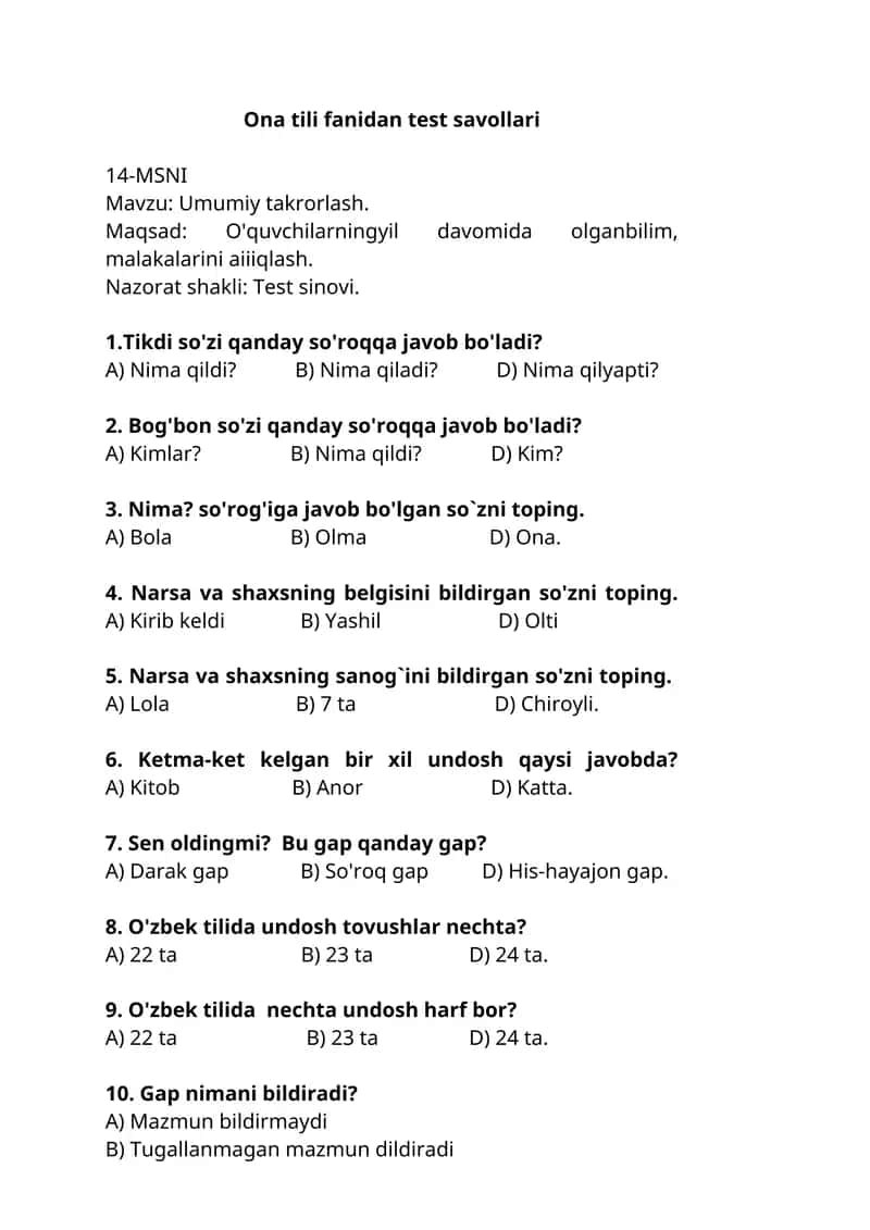 Ona tili fanidan test savollari 1