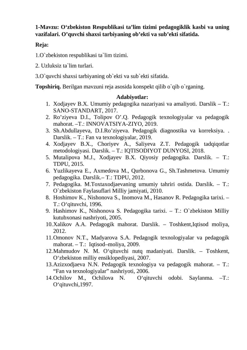 O‘zbekiston Respublikasi ta’lim tizimi рedagogiklik kasbi va uning vazifalari 1
