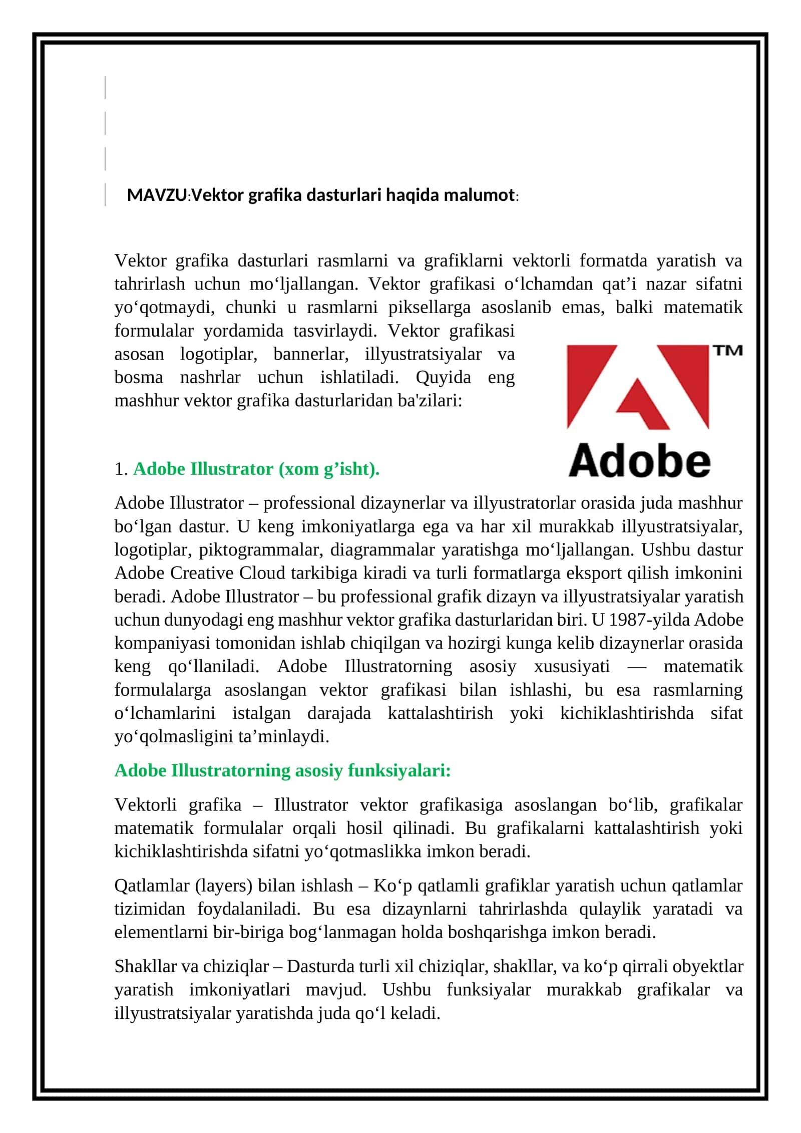 Vektor grafika dasturlari haqida malumot: 1