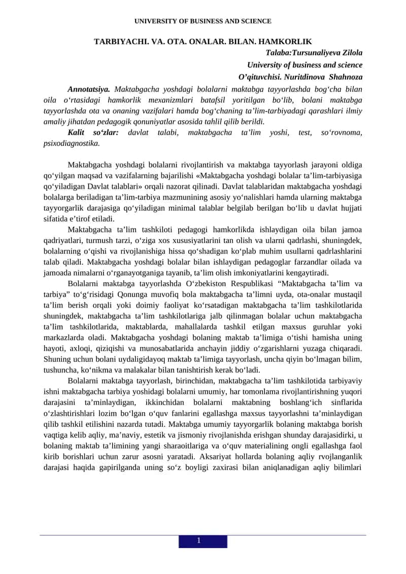 Maktabgacha yoshdagi bolalarni rivojlantirish va maktabga tayyorlash 1