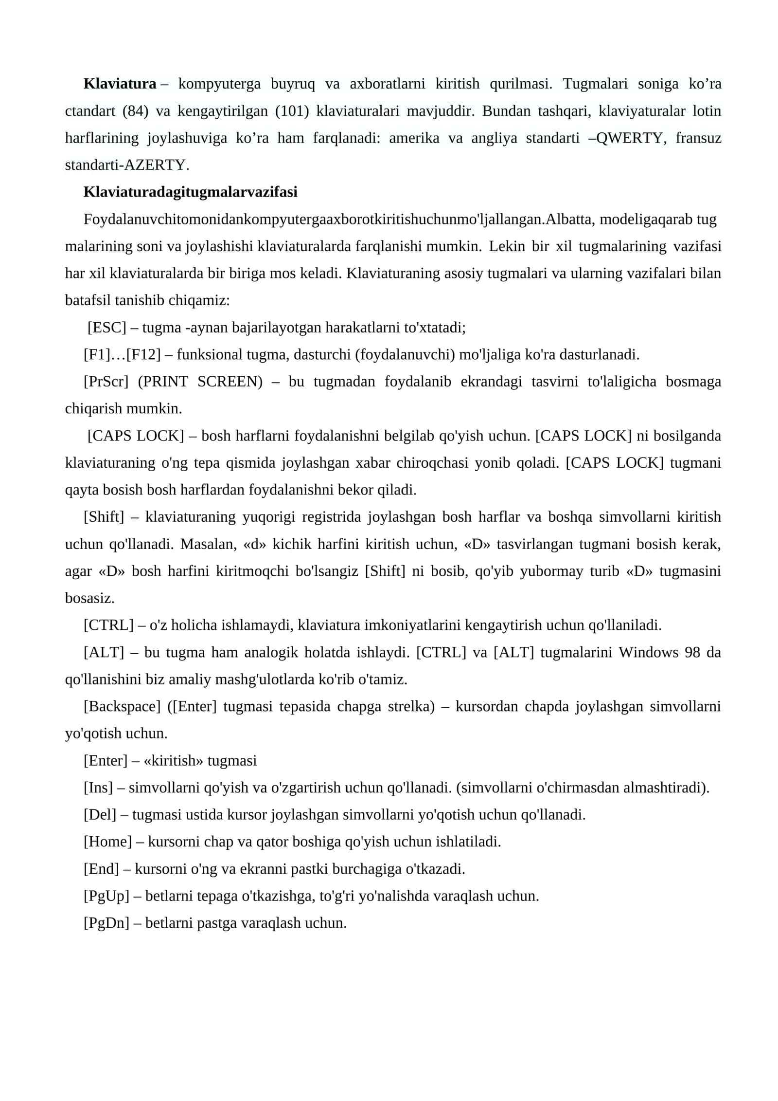 Klaviatura va uning tugmalari 1