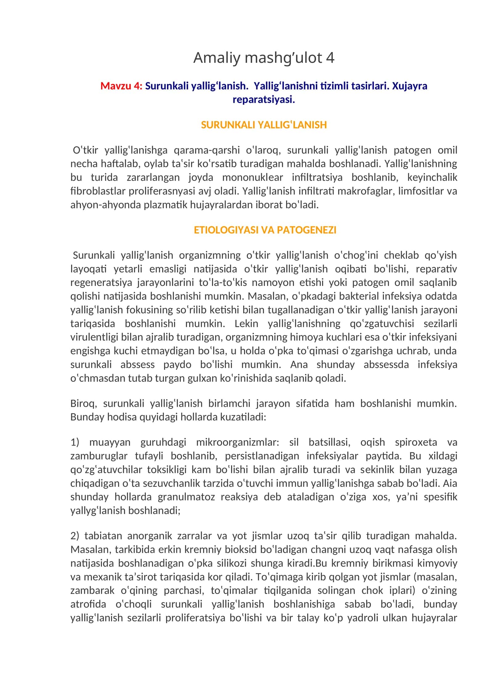 Surunkali yallig‘lanish. Yallig‘lanishni tizimli tasirlari. Xujayra reparatsiyasi 1