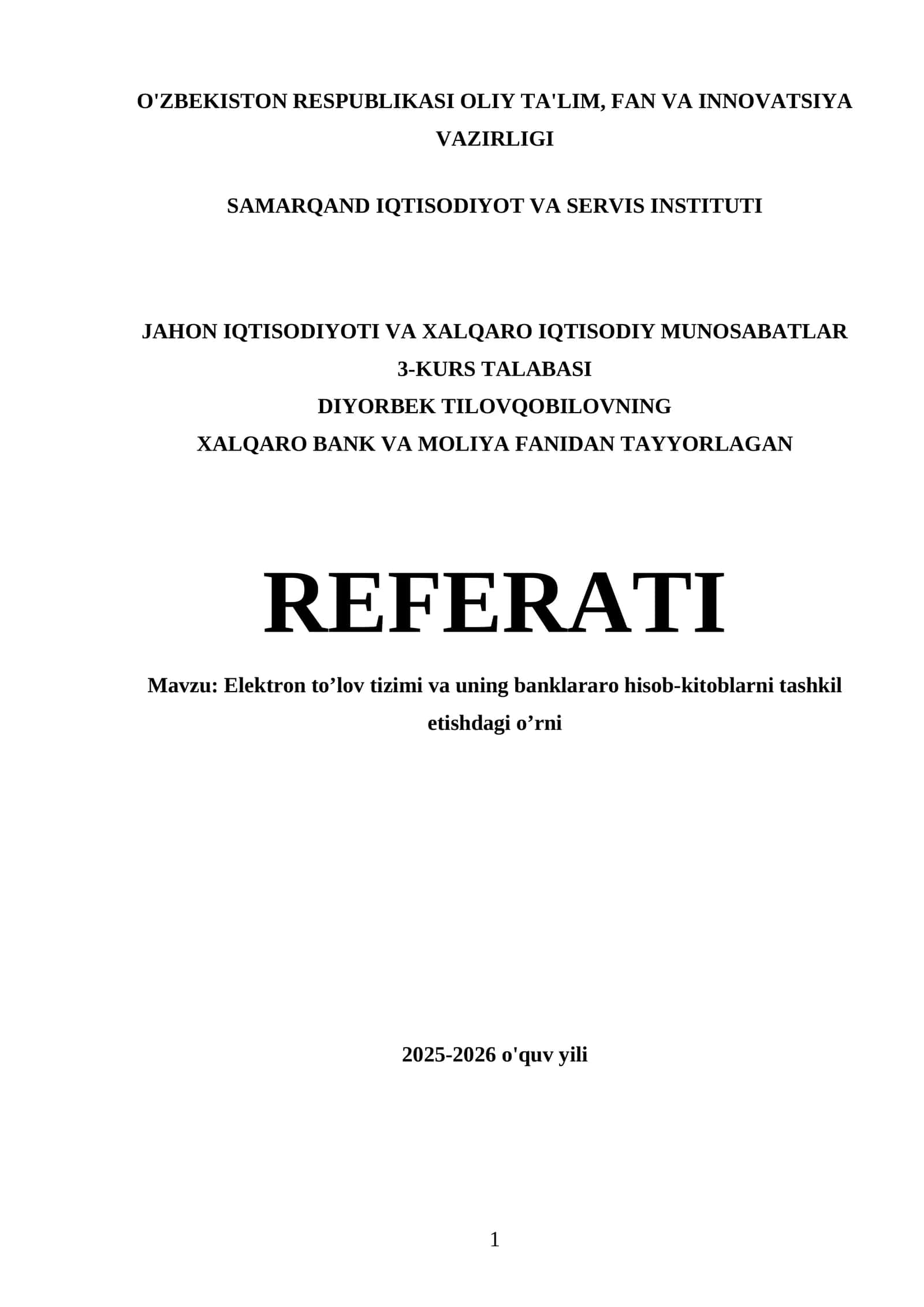 XALQARO BANK VA MOLIYA FANIDAN TAYYORLAGAN REFERATI 1
