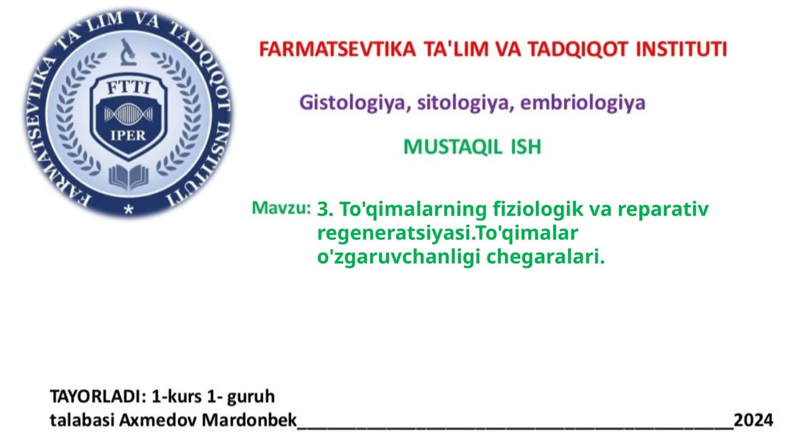 To'qimalarning fiziologik vareparativ regeneratsiyasi 1