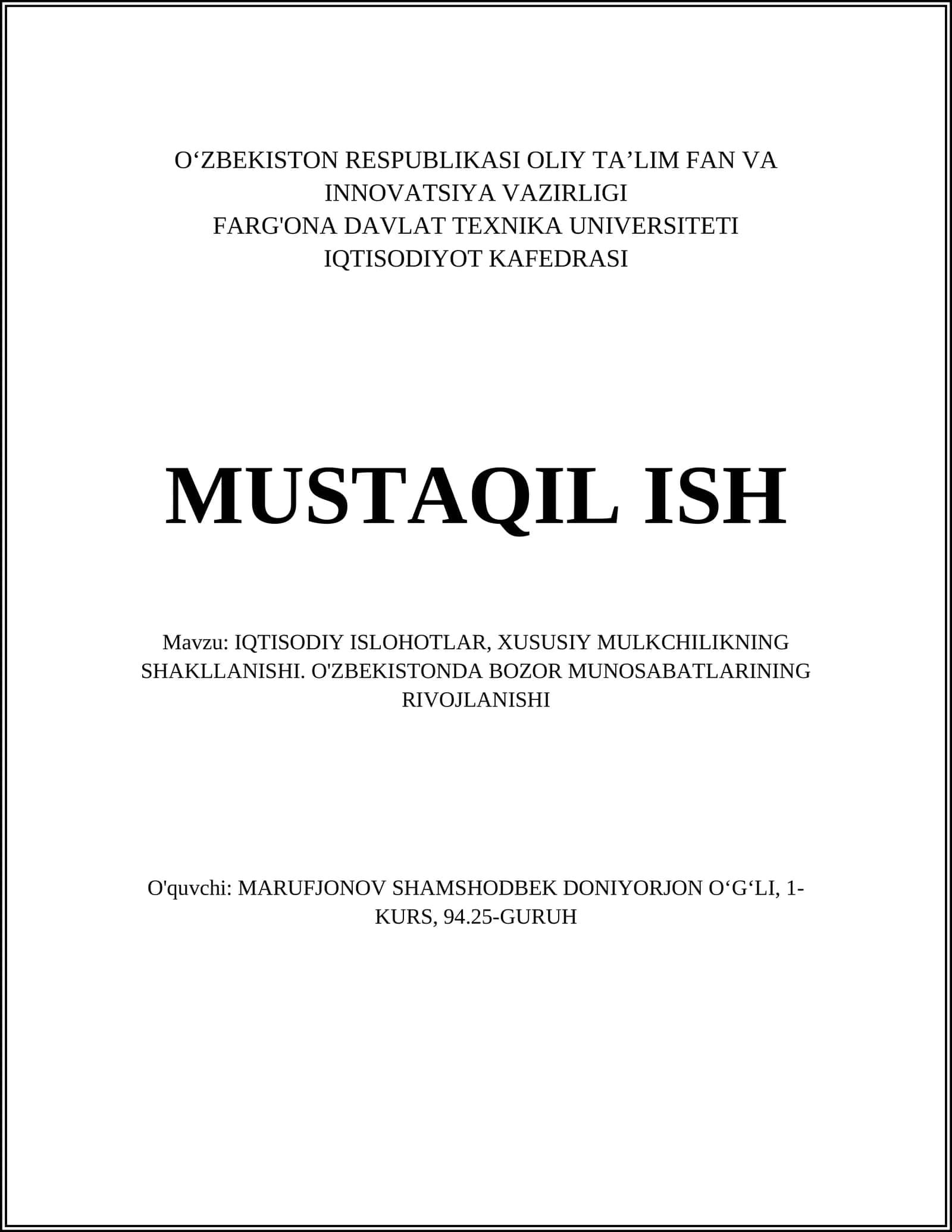 IQTISODIY ISLOHOTLAR, XUSUSIY MULKCHILIKNING SHAKLLANISHI 1