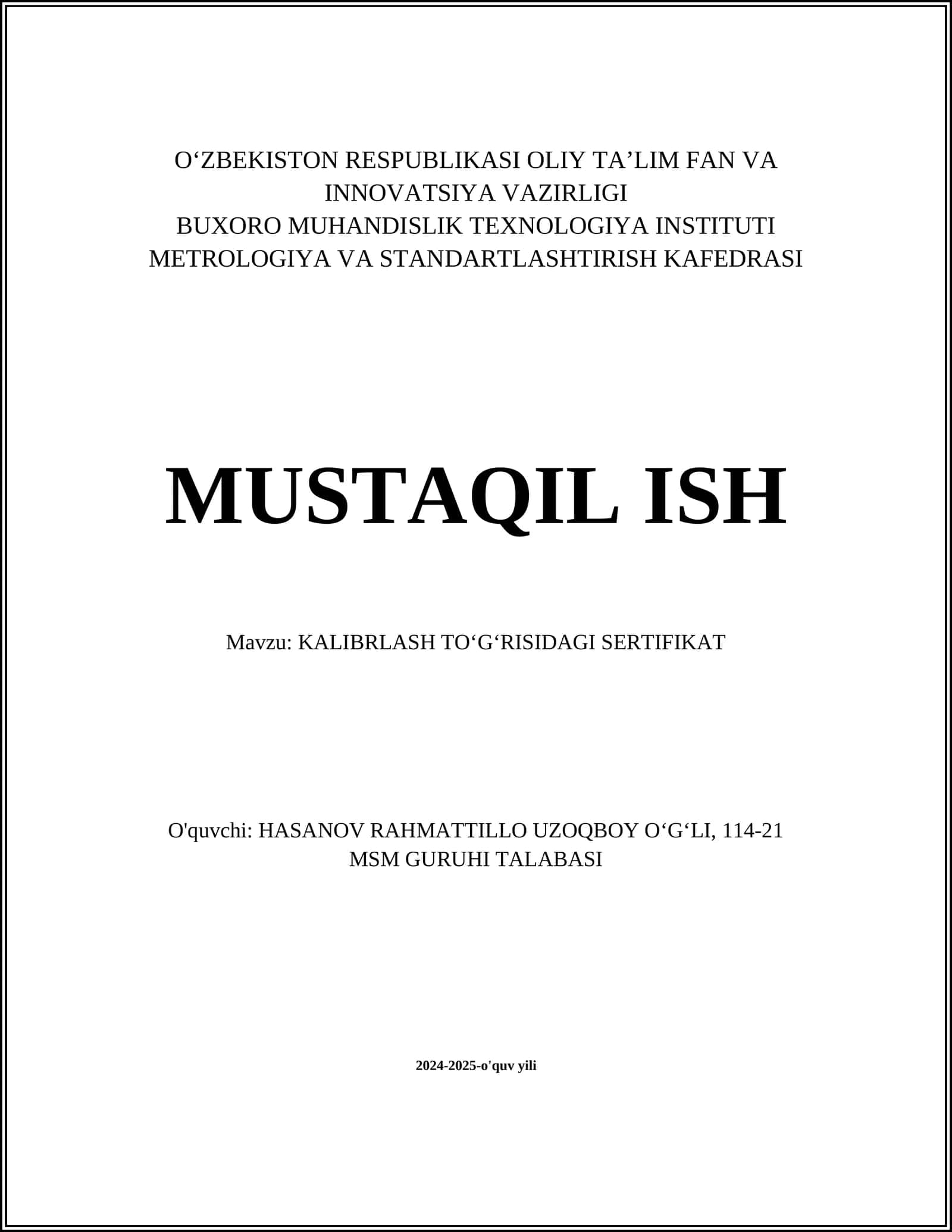 KALIBRLASH TOʻGʻRISIDAGI SERTIFIKAT 1