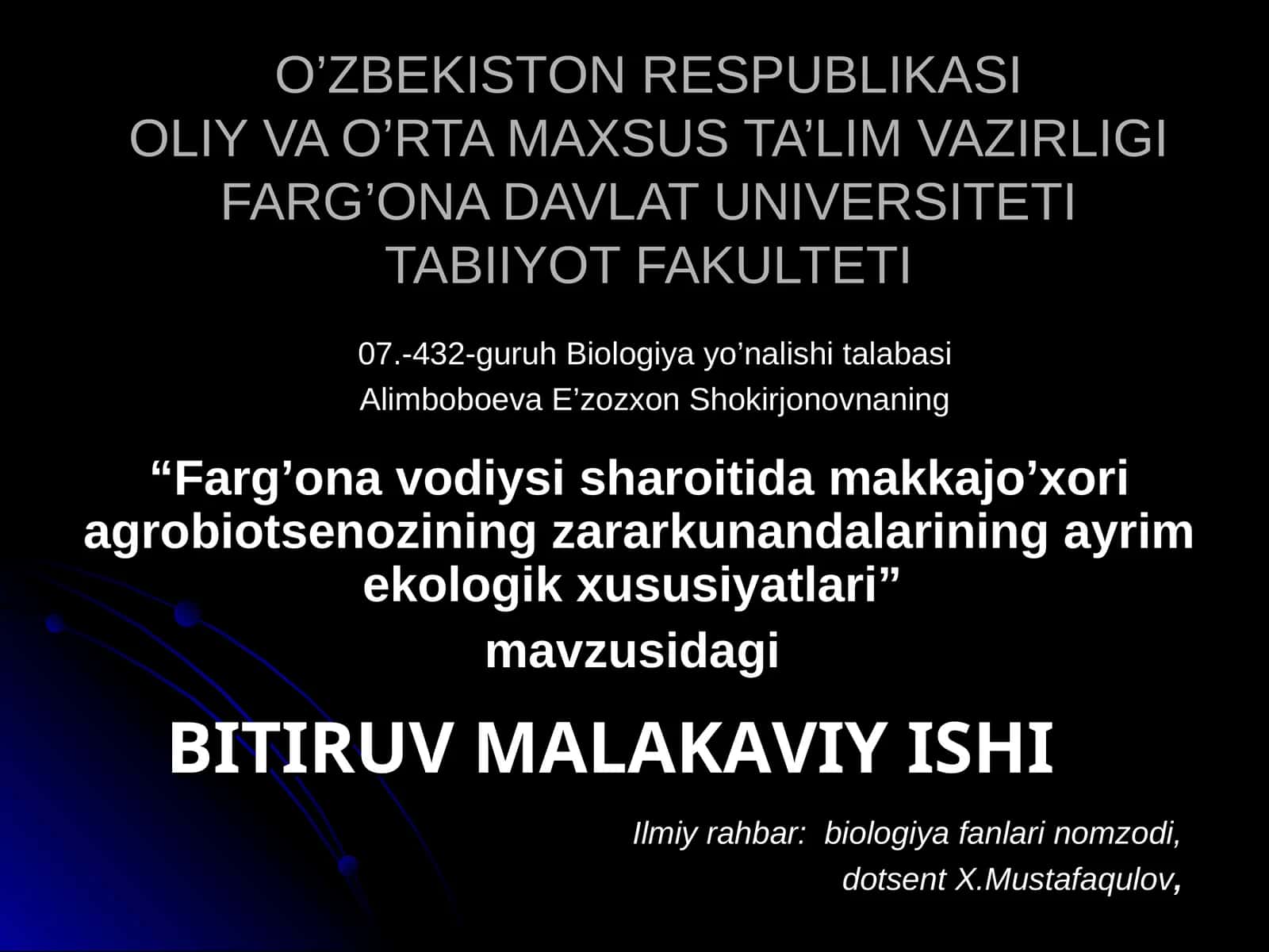 "Farg’оna vоdiysi sharоitida makkajo’xоri agrоbiоtsenоzining zararkunandalarining ayrim ekоlоgik xususiyatlari" 1