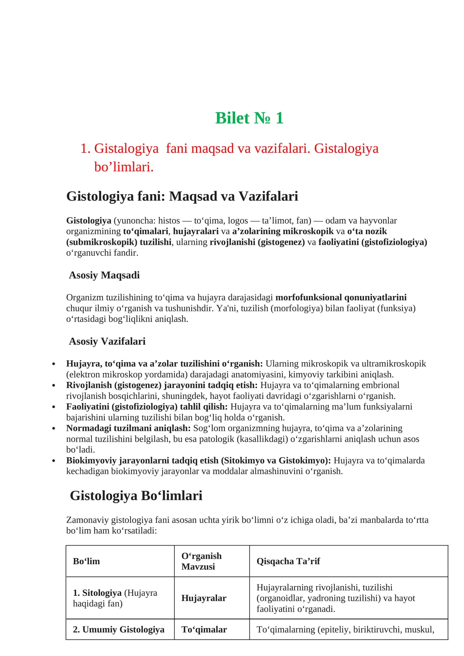 Gistologiya (Gistalogiya fani: Maqsad va Vazifalari) 1